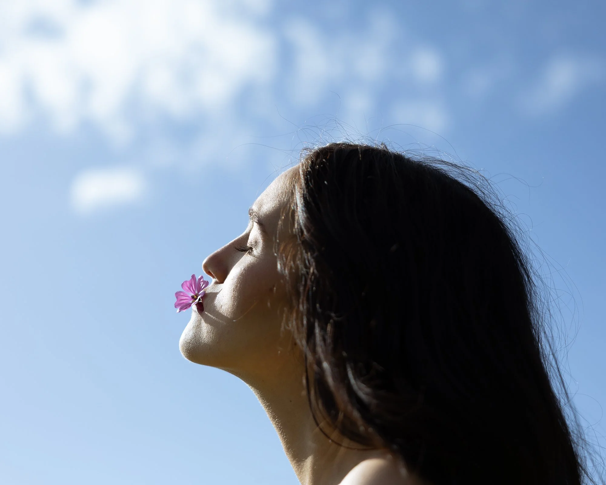 Profilo di una donna con lunghi capelli scuri che tiene un fiore vicino al volto, vista di profilo contro un cielo azzurro con nuvole leggere.