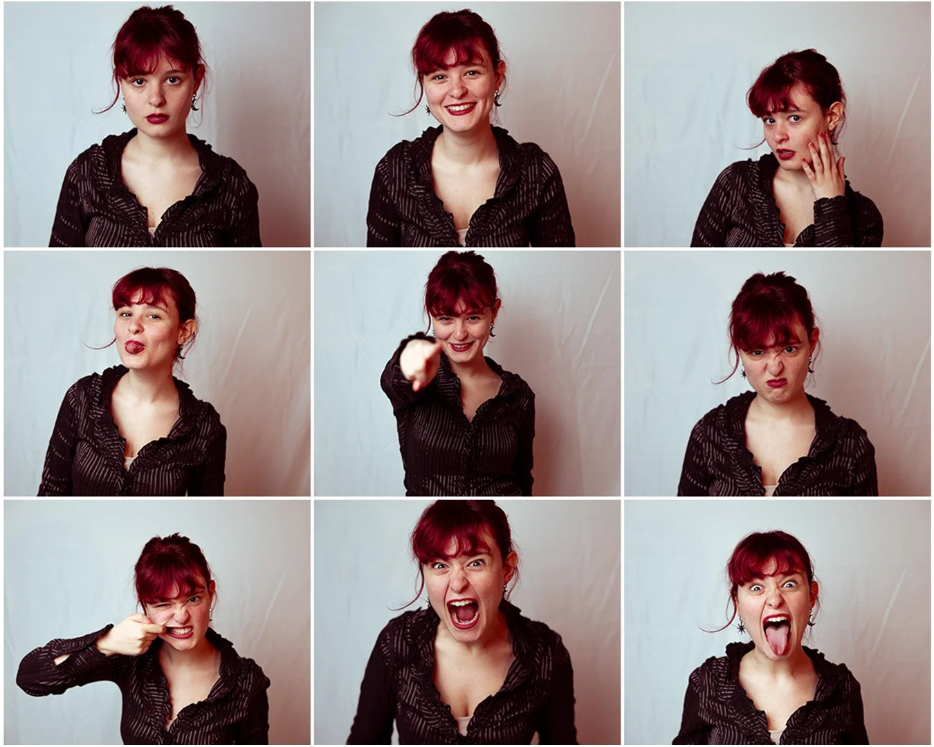 Collage di nove foto di una donna con capelli rossi e camicia nera, che mostra diversi volti ed espressioni, dalla tristezza alla felicità, sorpresa, rabbia e ridere.