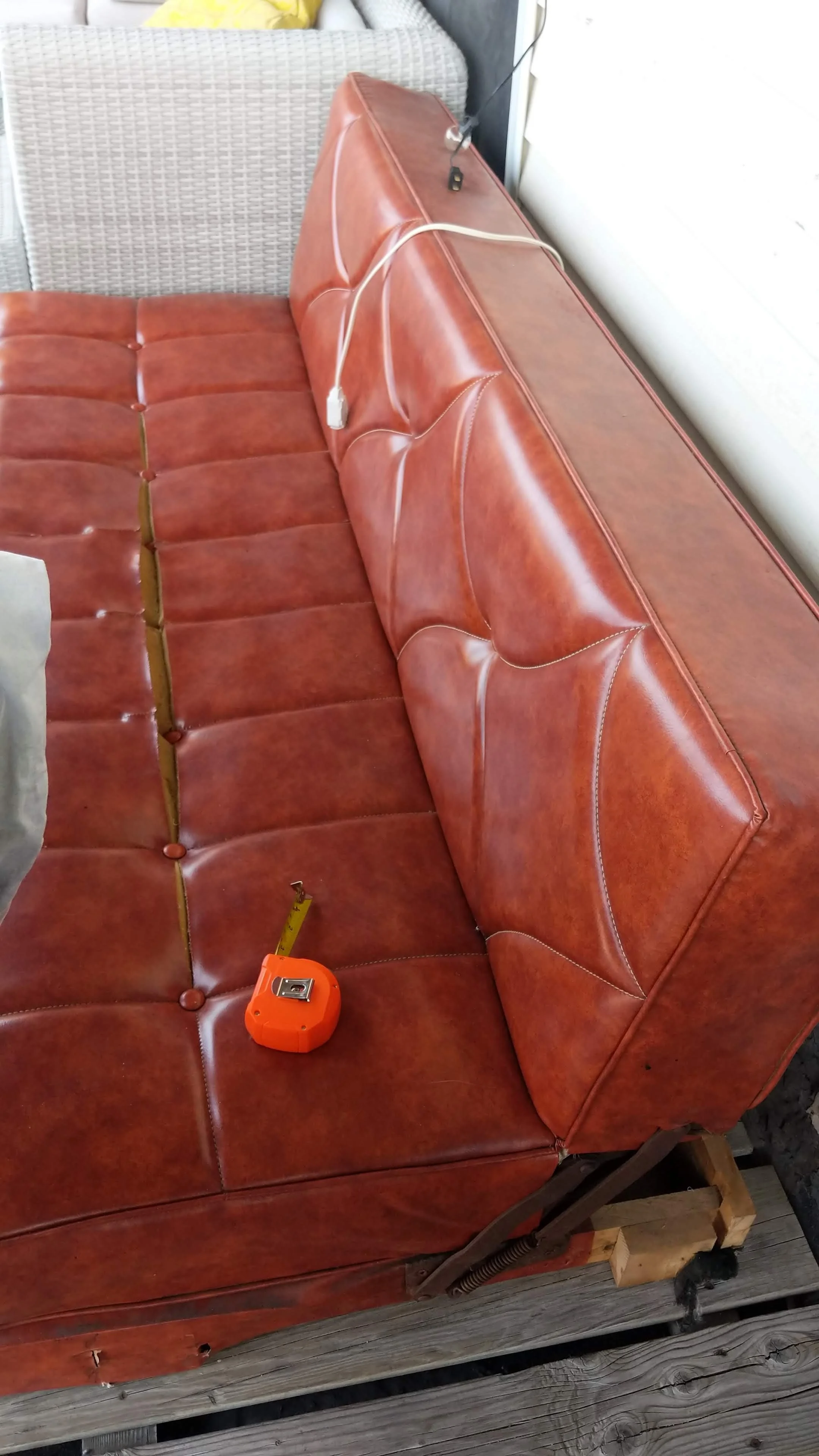 Before stripping it back. I wish the original upholstery had been salvageable because it was too cool.