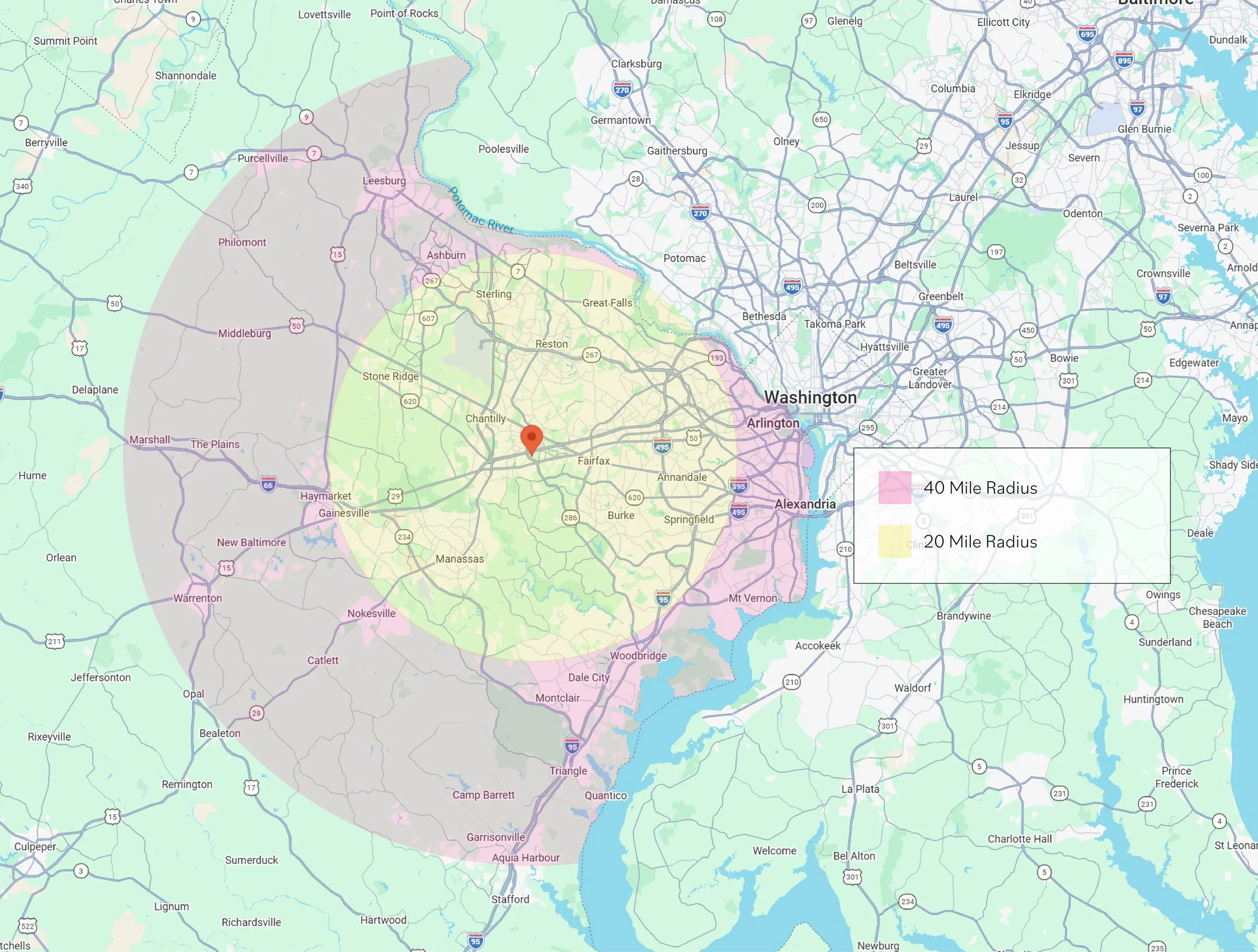 Map showing Washington D.C. area with circles indicating 20-mile and 40-mile radius zones, centered around an unspecified point.
