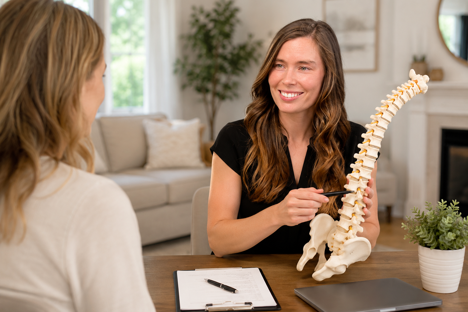 A woman with long brown hair sitting at a table, smiling, while holding a model of a human spine, talking to another woman with blond hair, in a bright, modern living room with a beige sofa and a potted plant.