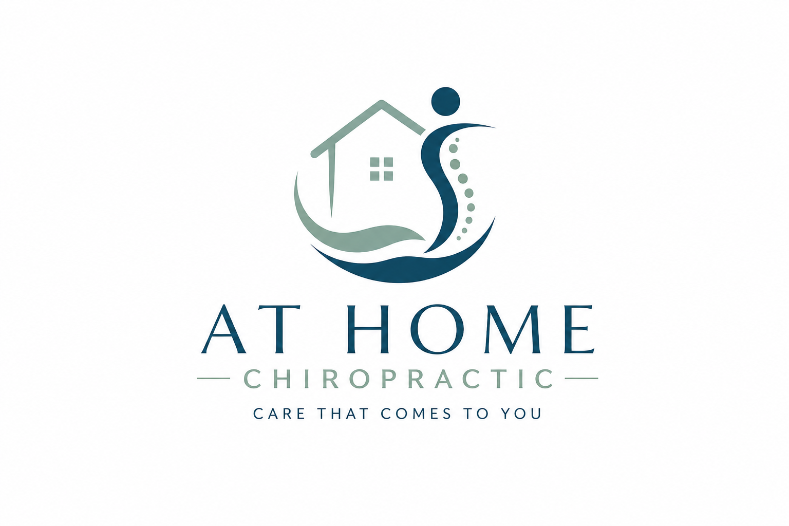 Logo for At Home Chiropractic with a house, wave, and dot design above the text "At Home Chiropractic" and the tagline "Care that comes to you."