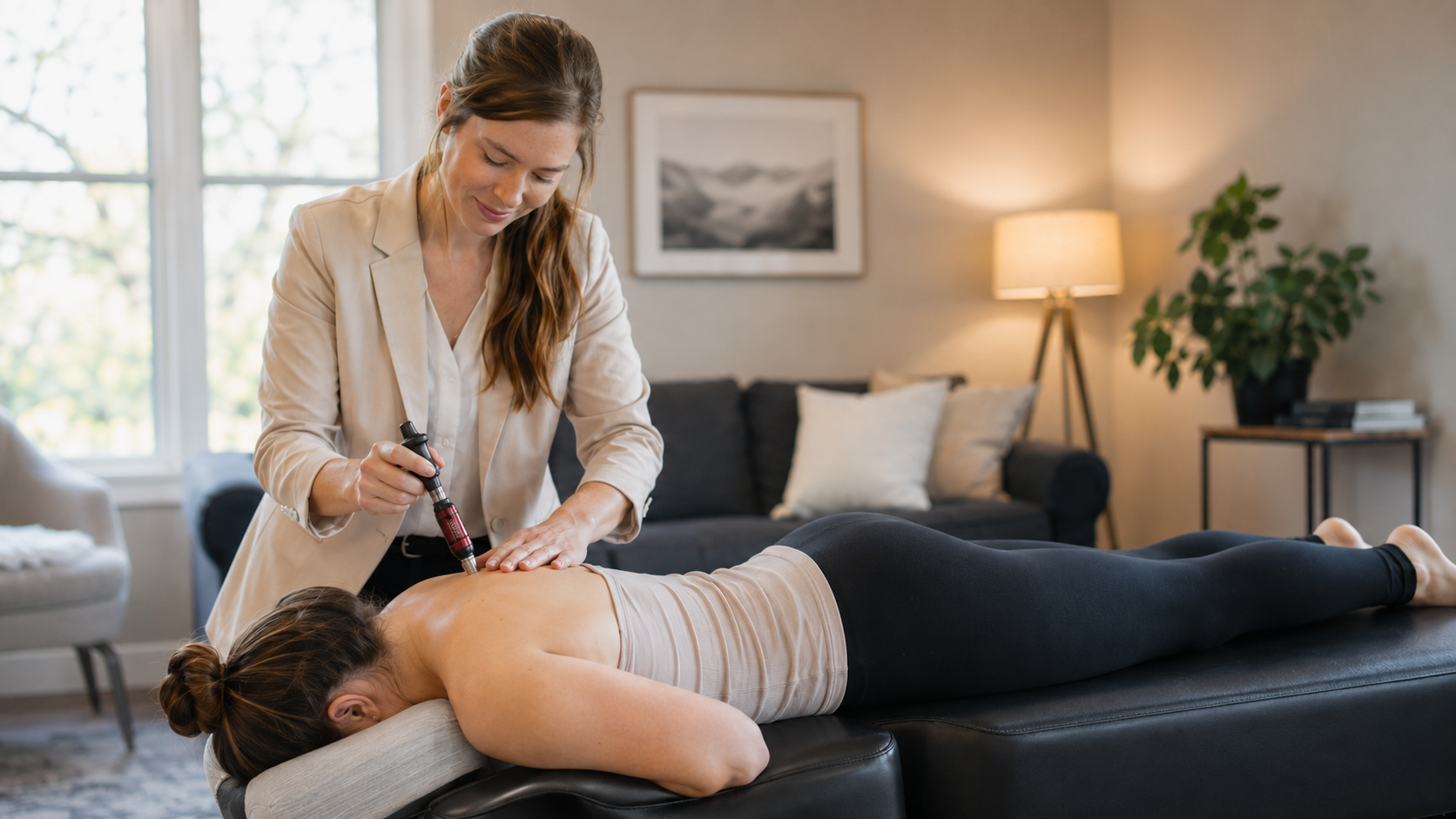 A woman lies face down on a massage table while a healthcare professional uses a small device on her back in a cozy room with a sofa, lamp, and framed art on the wall.