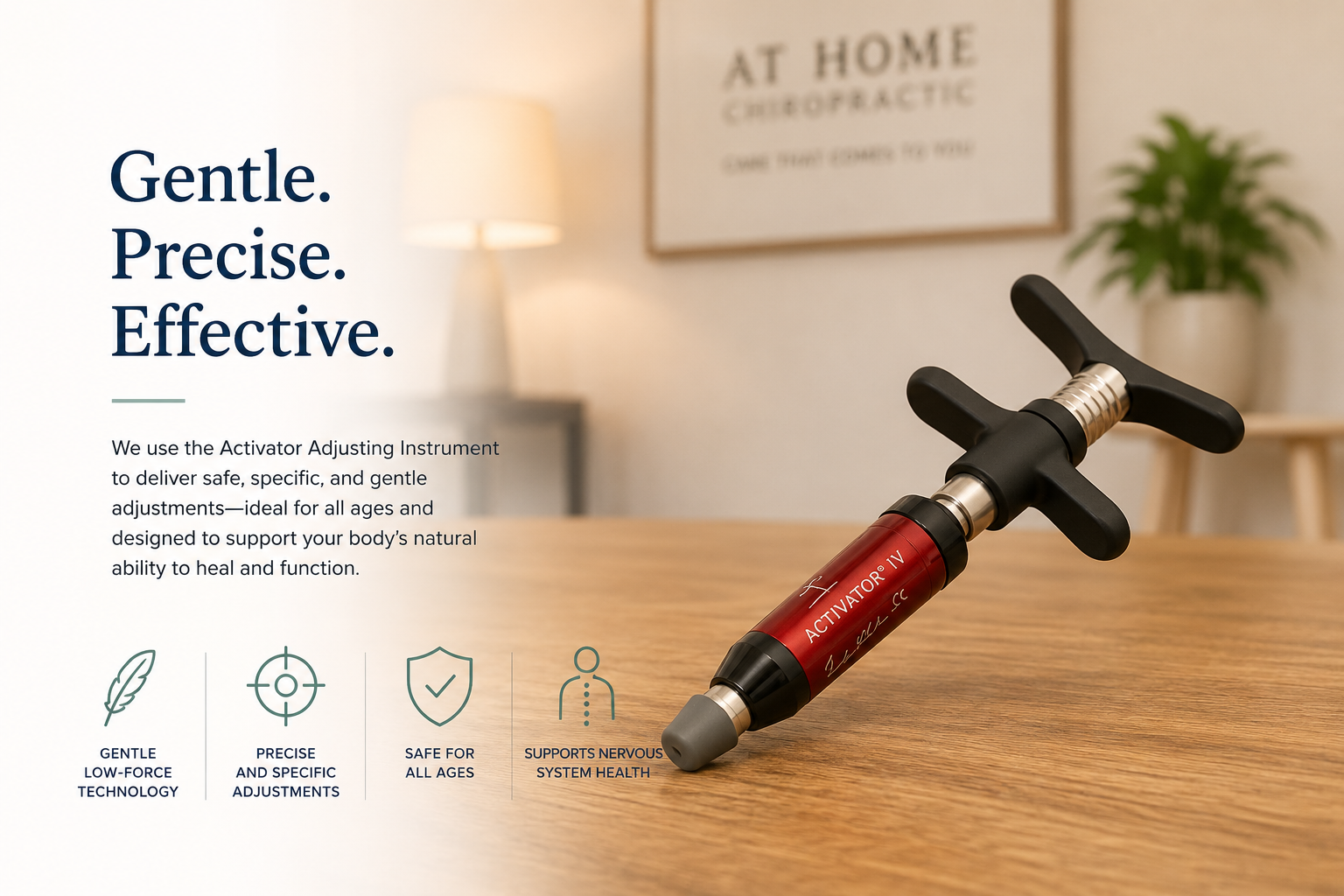 A promotional image for the Activator IV, a chiropractic adjustment instrument, on a wooden table with a bedroom or office background that includes a table lamp, framed sign, and potted plant. Text highlights the tool's gentle, precise, and effective features.