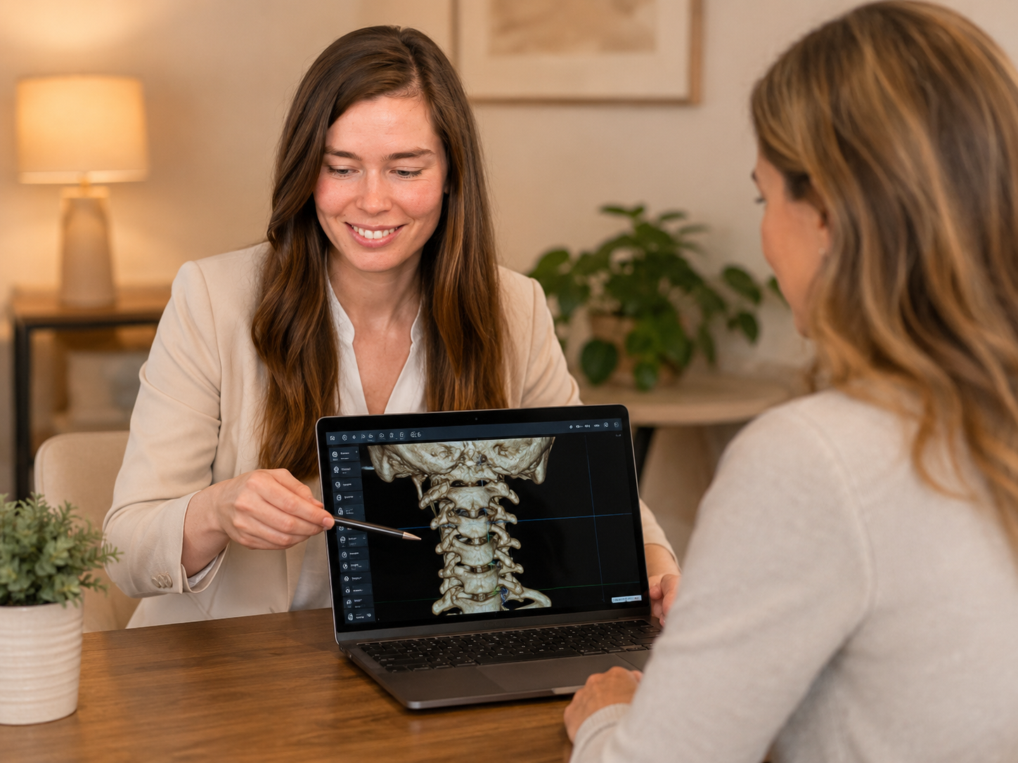 Two women sitting at a table, one showing a digital scan of a human cervical spine to the other, in a medical consultation setting.