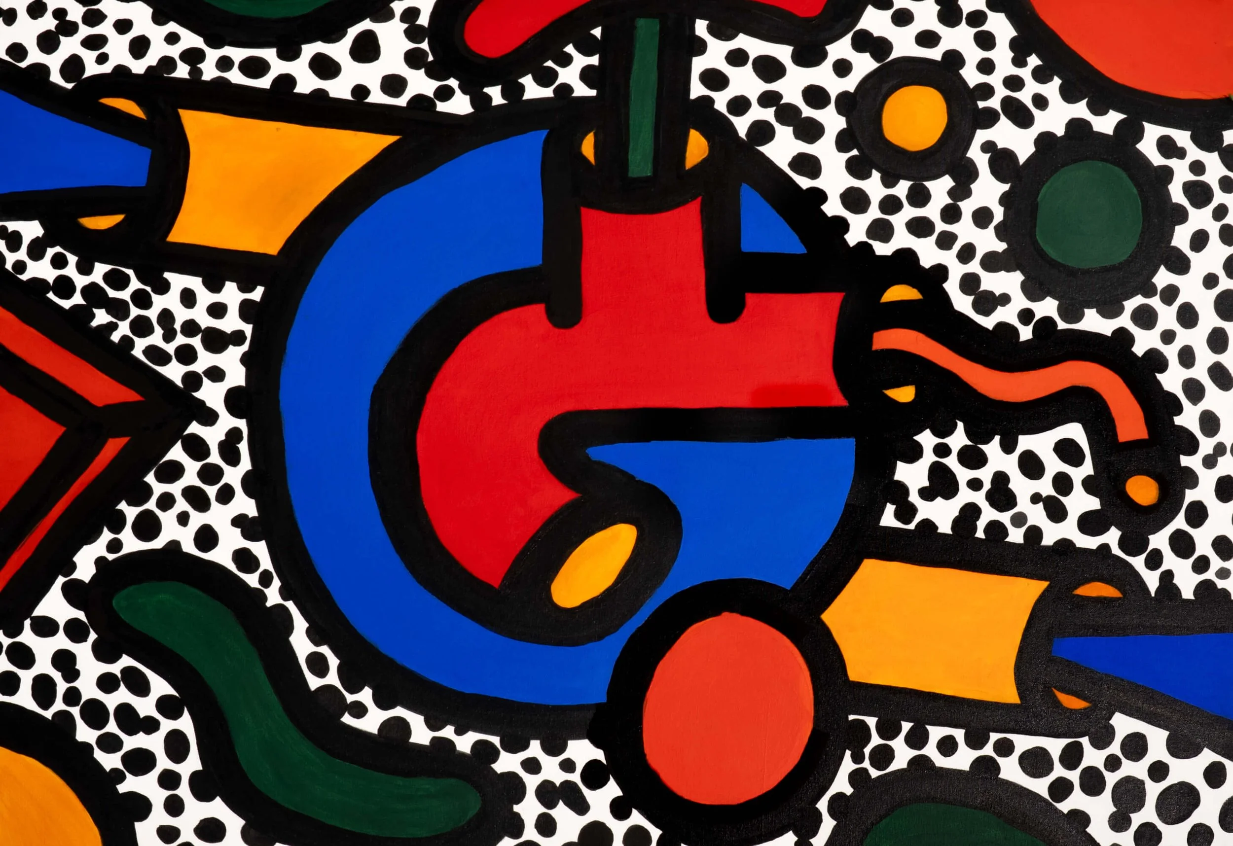 Close-up of an abstract colorful painted artwork featuring black outlines, with red, blue, orange, green, yellow, and black dot patterns.