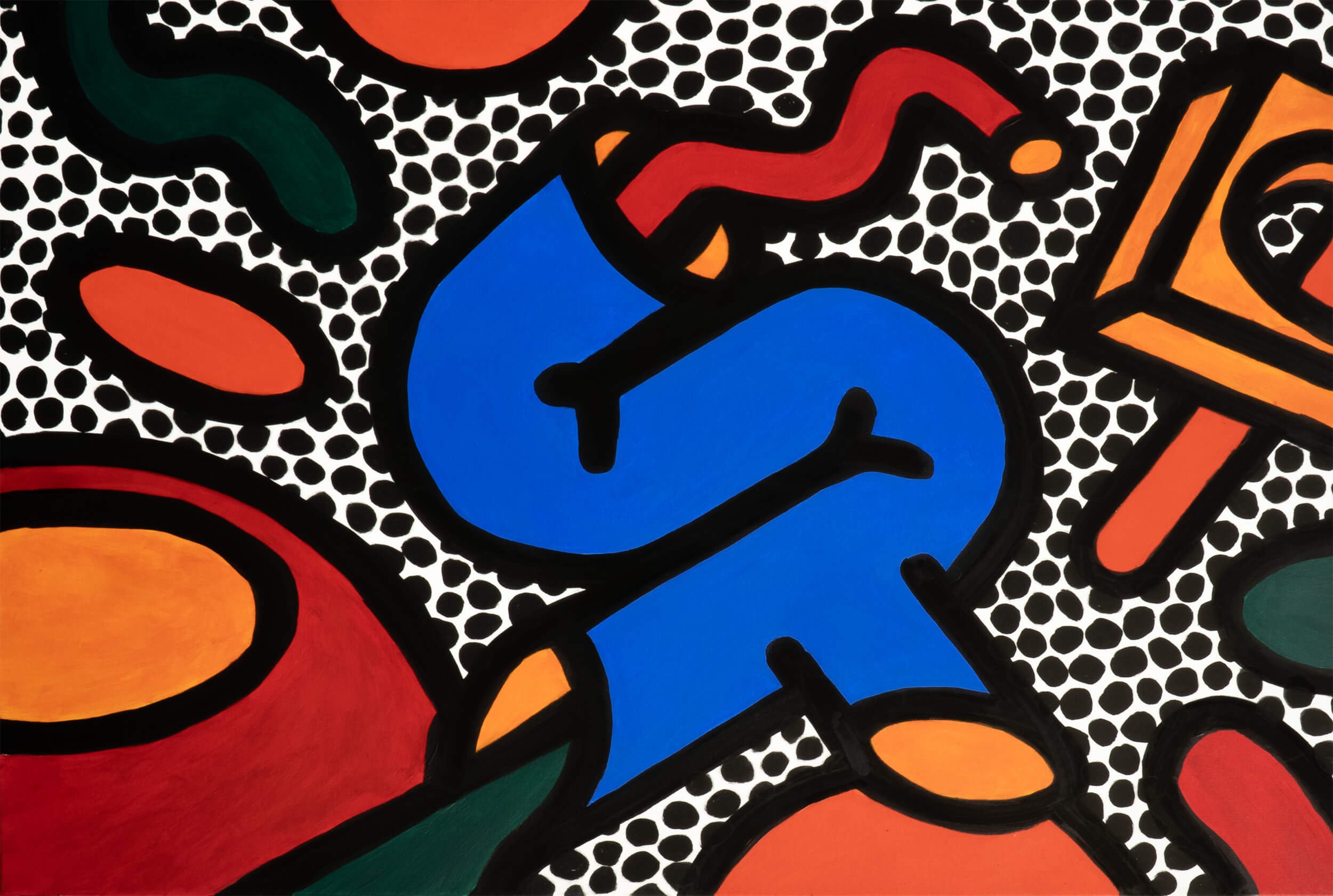 Abstract artwork with colorful shapes outlined in black, set against a background of black and white stippled pattern.