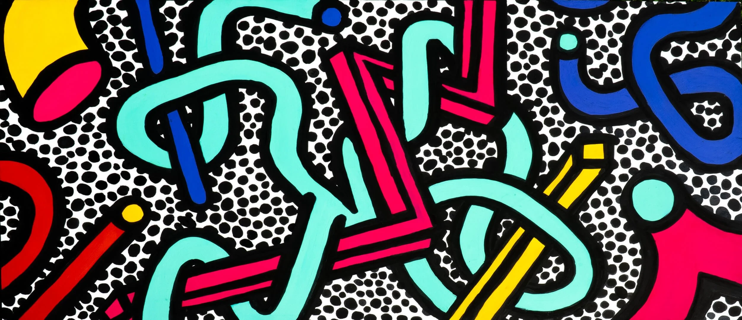 Colorful abstract artwork with black outlined shapes and patterns including red, yellow, blue, cyan, and pink elements on a black-and-white dotted background.