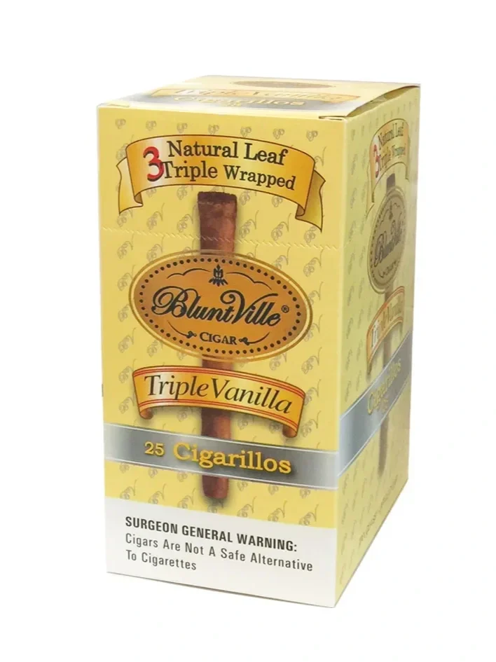 Yellow box of Bluntville Triple Vanilla cigars containing 25 cigars with warning label.