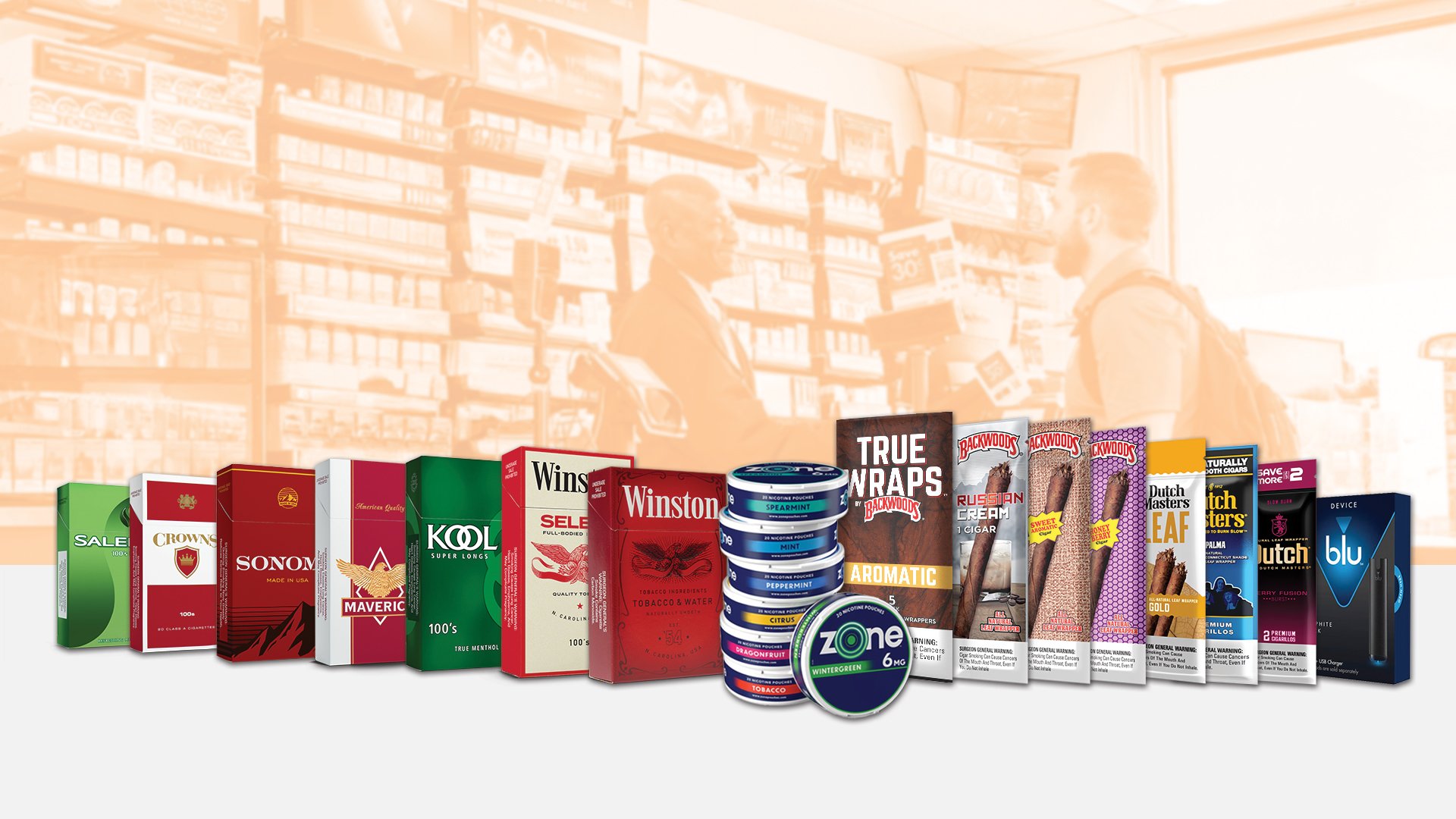 A variety of cigarette and tobacco product packages including brands like SALESMAN, CROWNS, SONOMAV, KOOL, WINSTON, TRUE WRAPS, BACKWOODS, DUTCH MASTERS, BLU, and others, arranged in a line in front of a blurred background of a store interior with shelves of products and two people talking.
