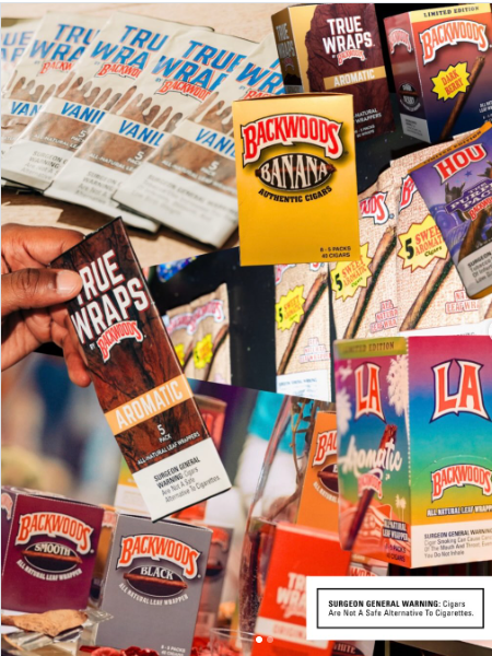 Display of Backwoods cigar packs including Banana, True Wraps, and Backwoods flavors, with a hand holding a True Wraps cigar pack, and a Surgeon General warning label at the bottom.