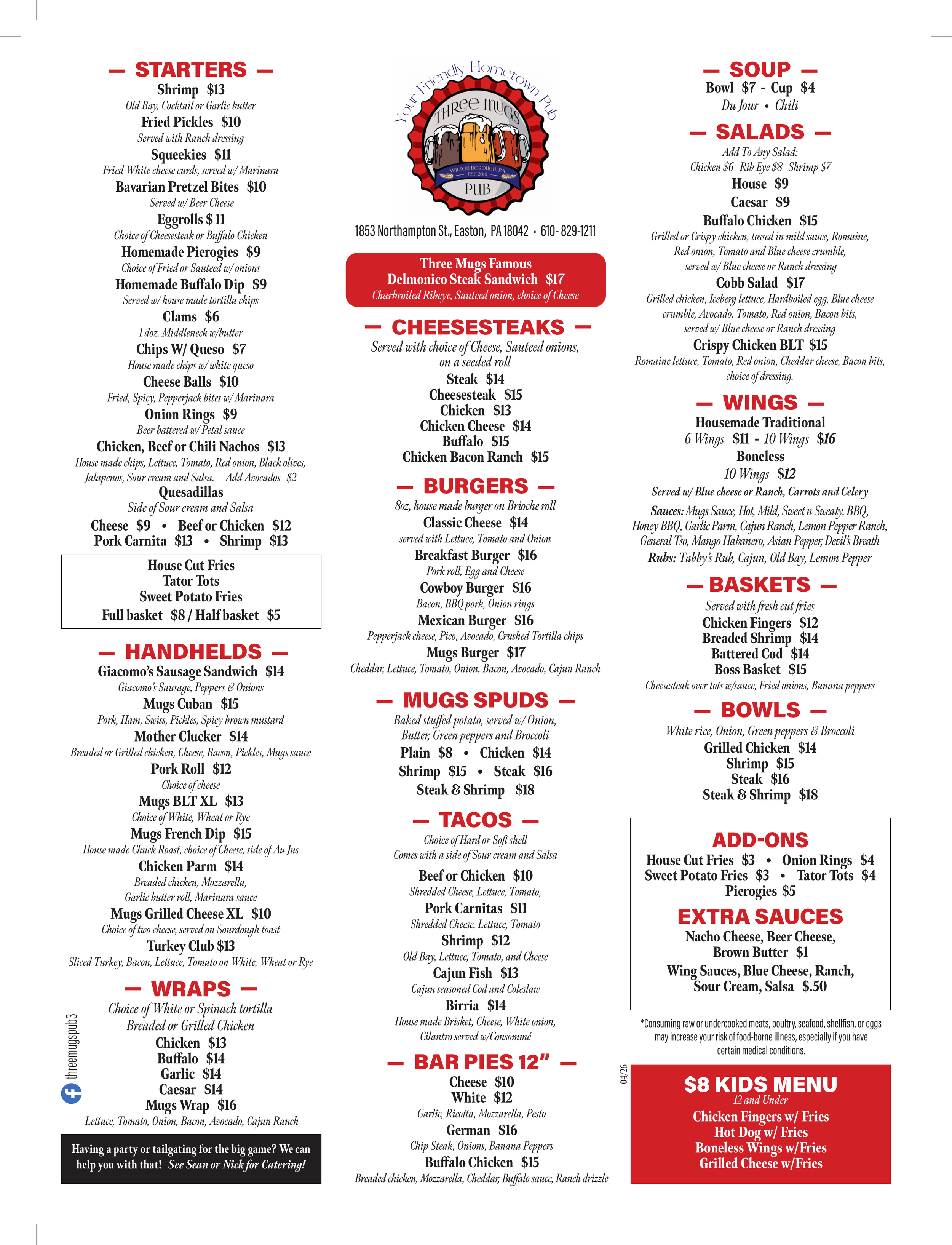 Restaurant menu with sections for starters, soups, salads, cheesesteaks, burgers, wings, baskets, wraps, bar pies, and kids menu, including prices and descriptions.