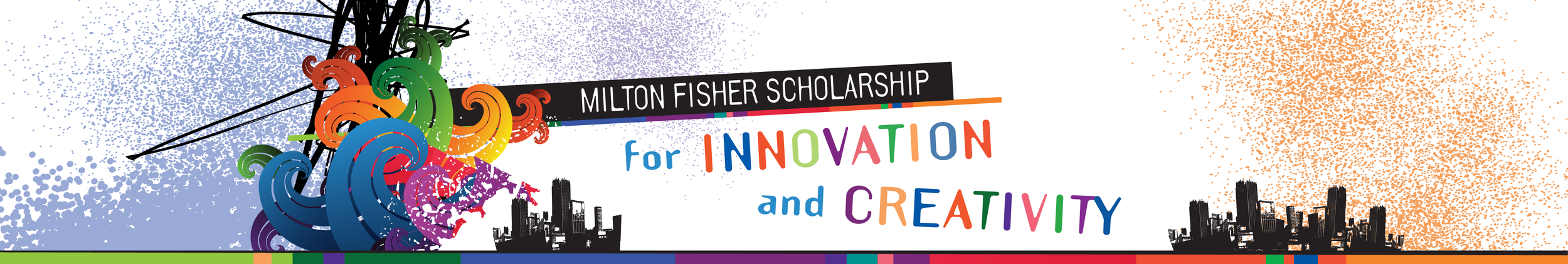 Colorful illustration of a sailing ship with rainbow-colored waves and a city skyline, promoting the Milton Fisher Scholarship for Innovation and Creativity.