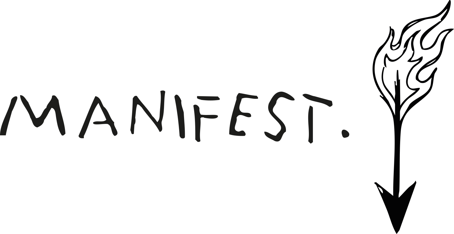 Texto en letras negras que dice 'MANIFIESTO' junto a un dibujo de flecha con llamas en la parte superior.