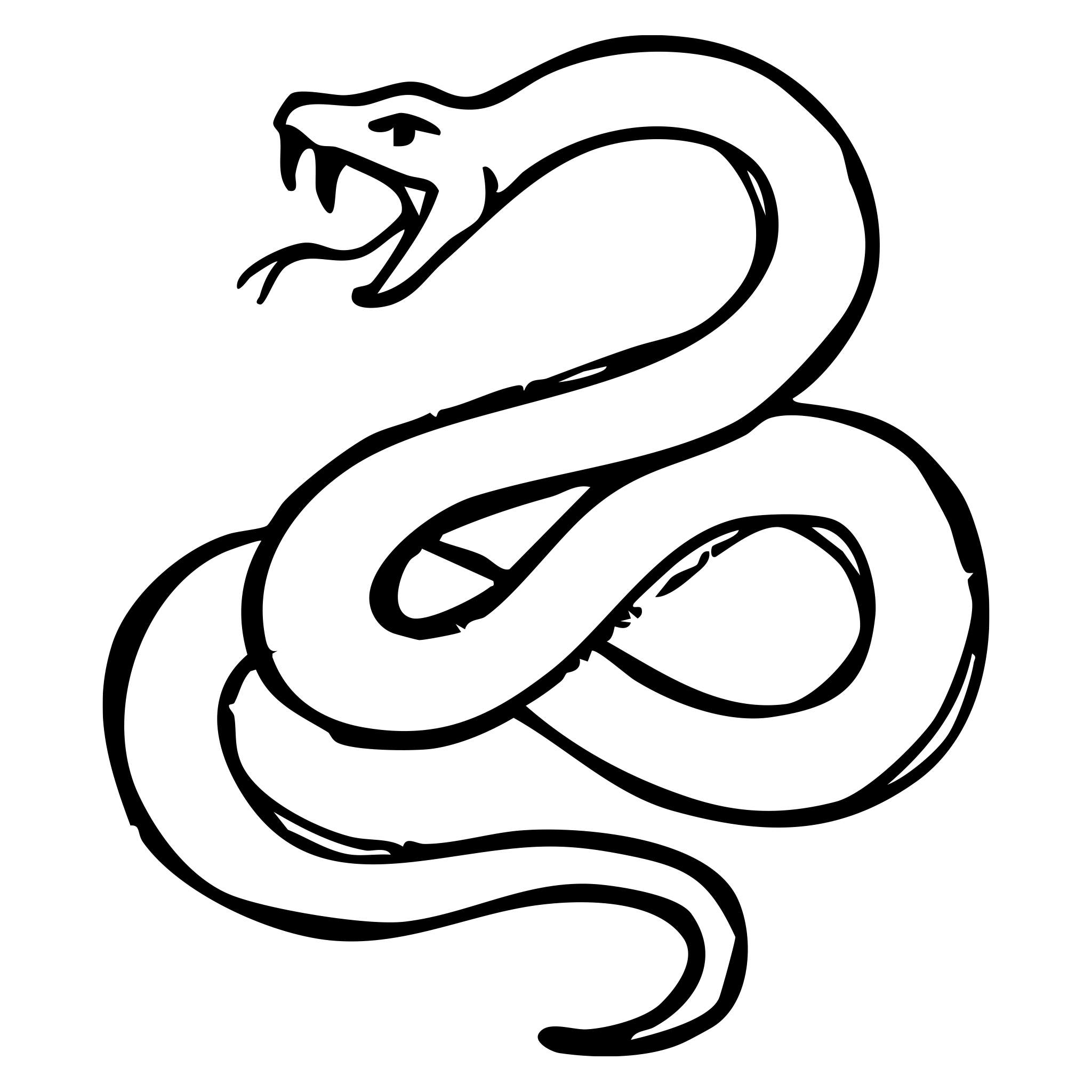 Dibujo en blanco y negro de una serpiente en posición curva, con la boca abierta mostrando colmillos y lengua, en un estilo de línea simple.