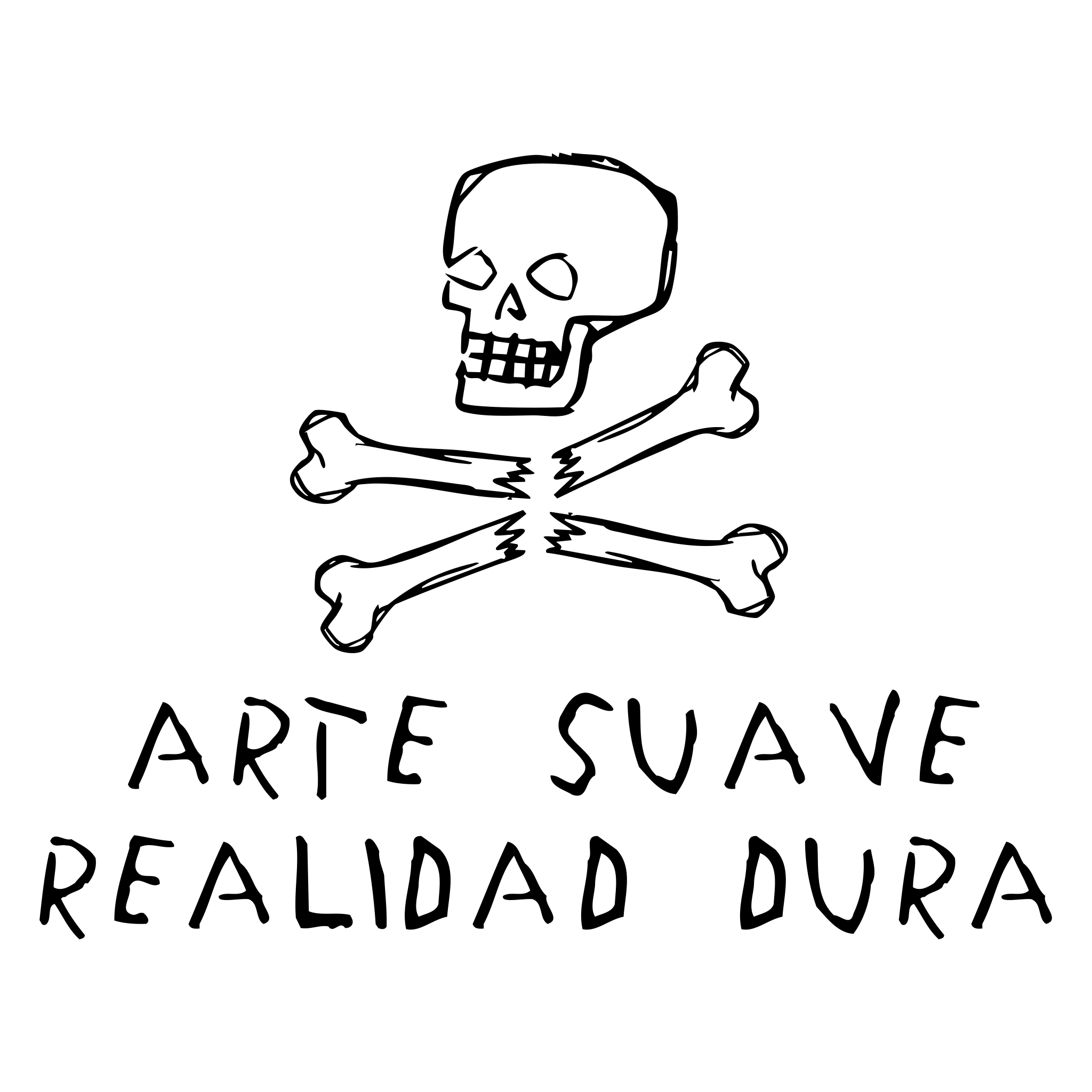 Dibujo de un cráneo con un brazo y una pierna cruzados debajo, y texto en inglés que dice 'Arte Save the Dead, Ura'.