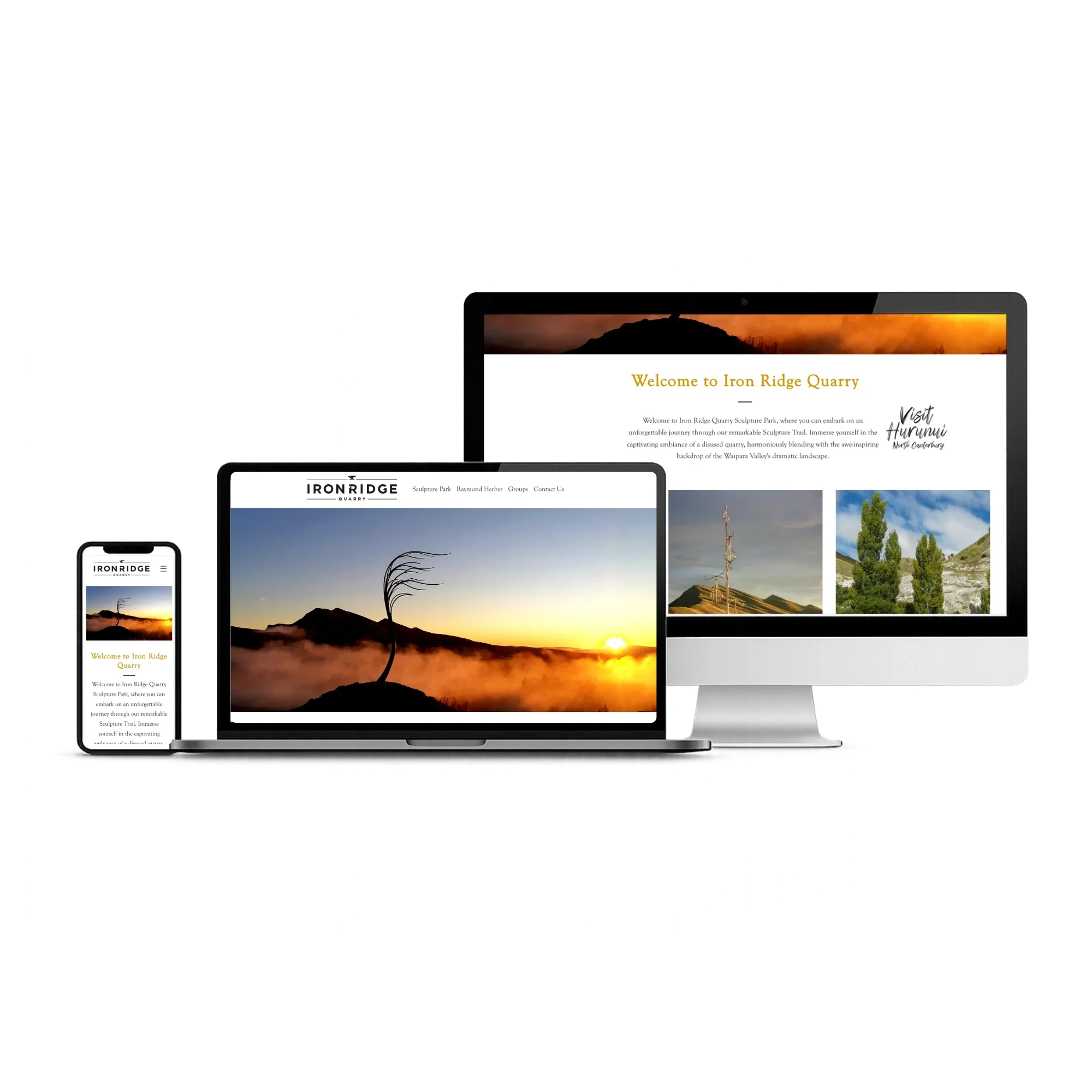 Multiple electronic devices displaying images of sunset landscapes and nature scenes, including a smartphone, tablet, and desktop monitor.