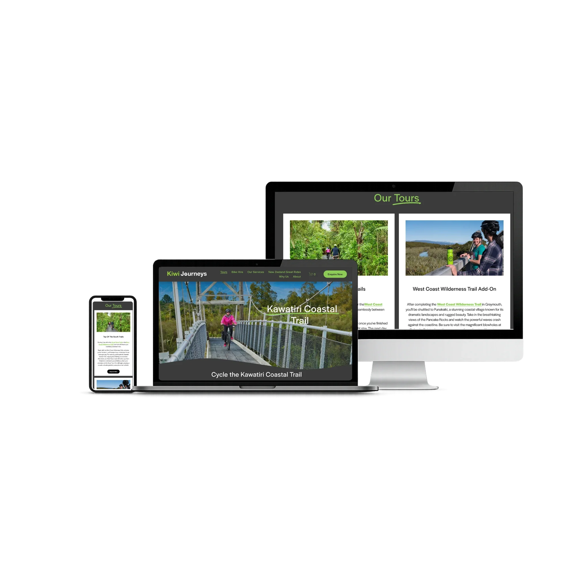 Multiple screens showing a website about tours and trail cycling, with outdoor images of forests, cyclists, and scenic landscapes.