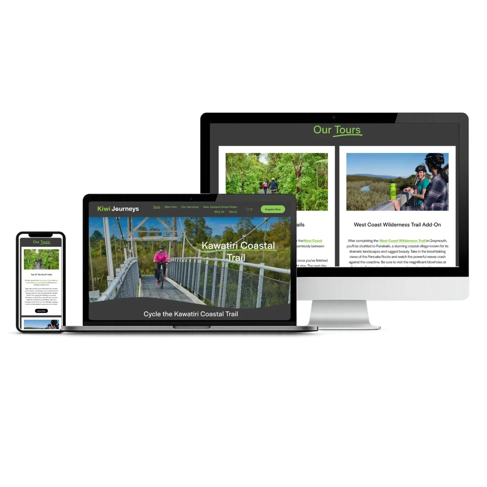 Multiple electronic devices displaying a website about Maori tourism tours, showing images of people walking and biking on scenic trails.