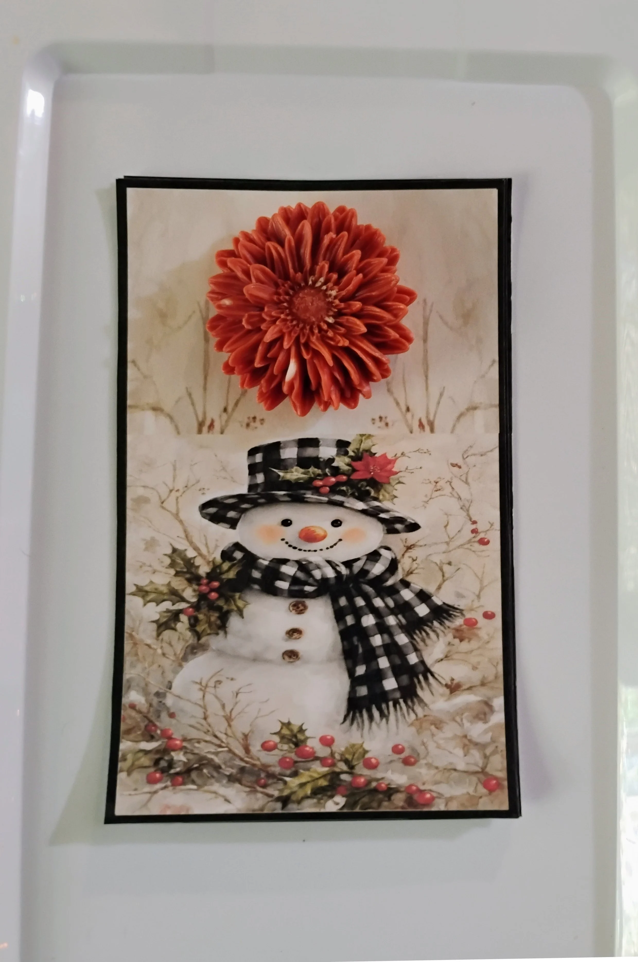 Black Plaid Scarf Snowman Burning Flower Card. Candle or Wax Melt