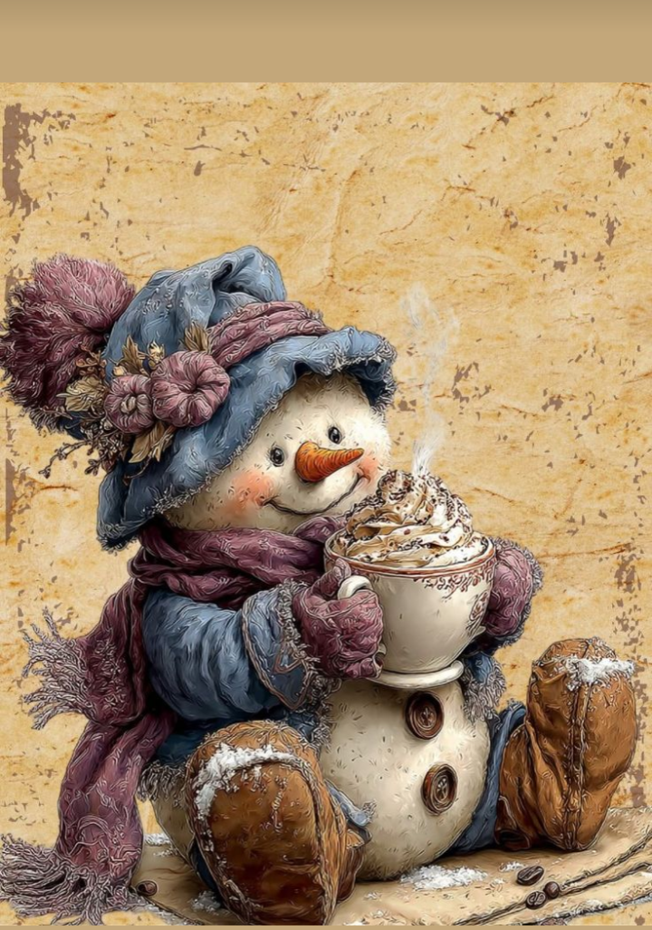 Blue Hat Snowman Cocoa Burning Flower Card. Candle or Wax Melt