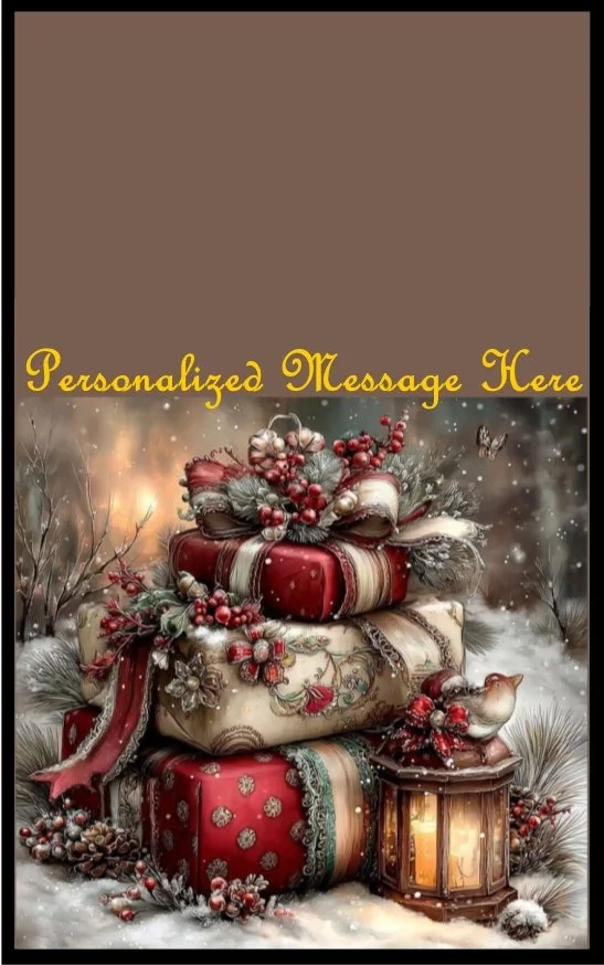 Christmas Presents in Snow Burning Flower Card. Candle or Wax Melt