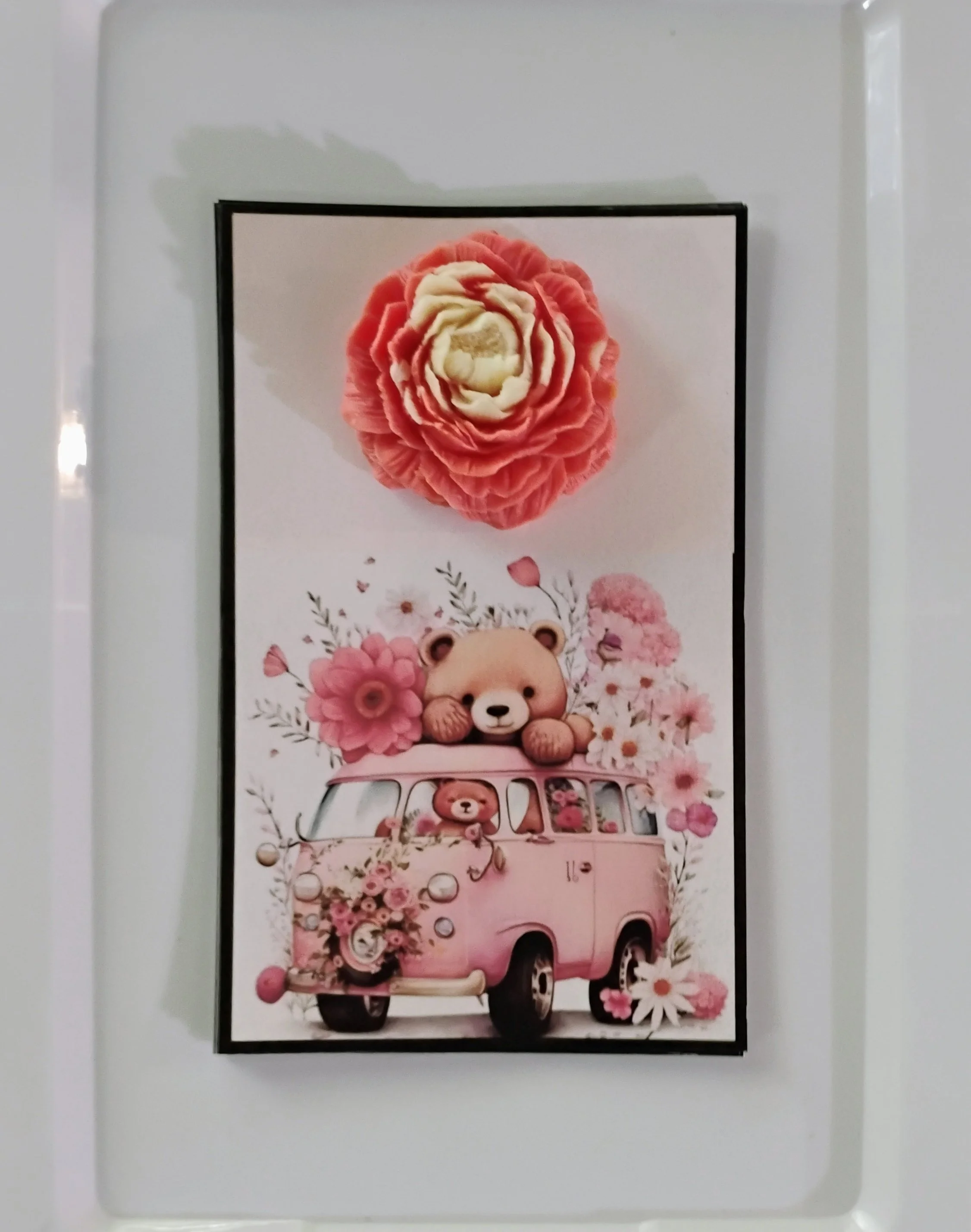 Pink Bear Van Burning Flower Card. Candle or Wax Melt