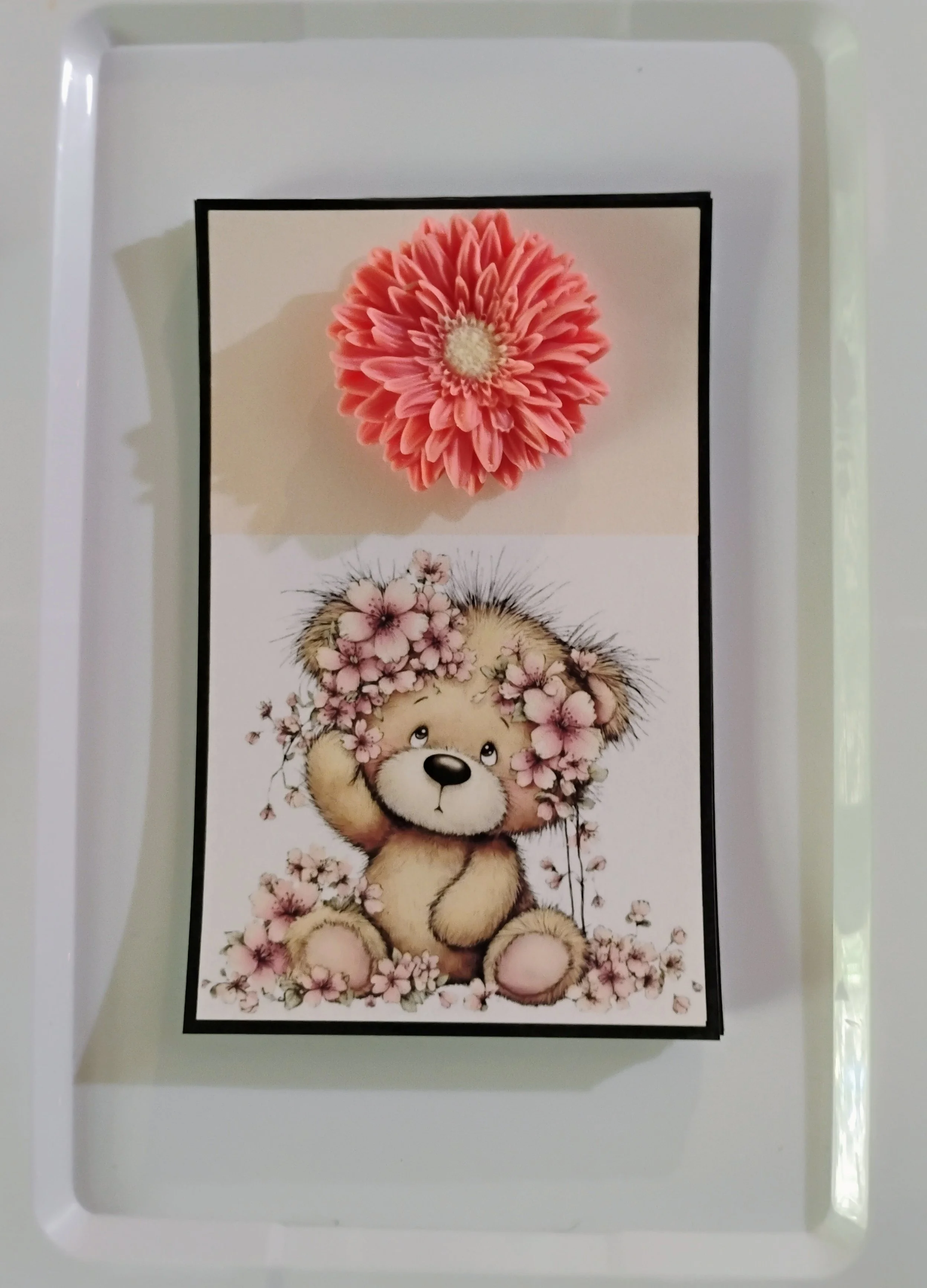 Baby Bear Pink Flowers Burning Flower Card. Candle or Wax Melt