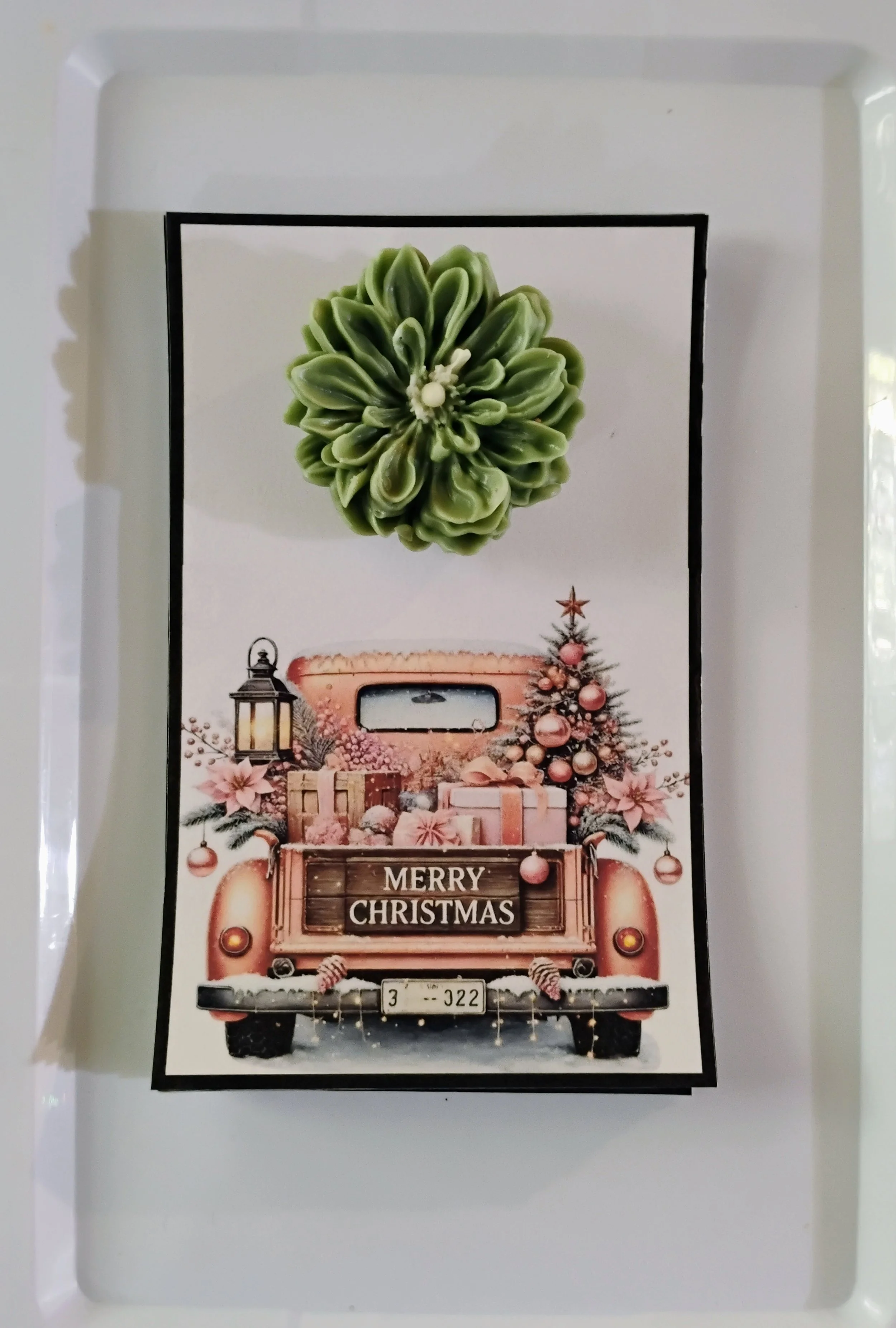 Pink Truck Christmas Lantern Burning Flower Card. Candle or Wax Melt