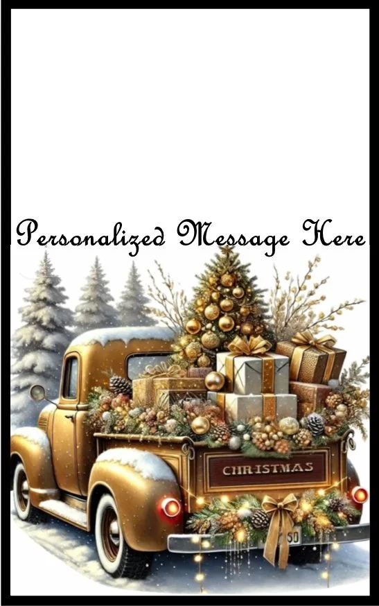 Gold Truck Christmas Presents Tree Burning Flower Card. Candle or Wax Melt