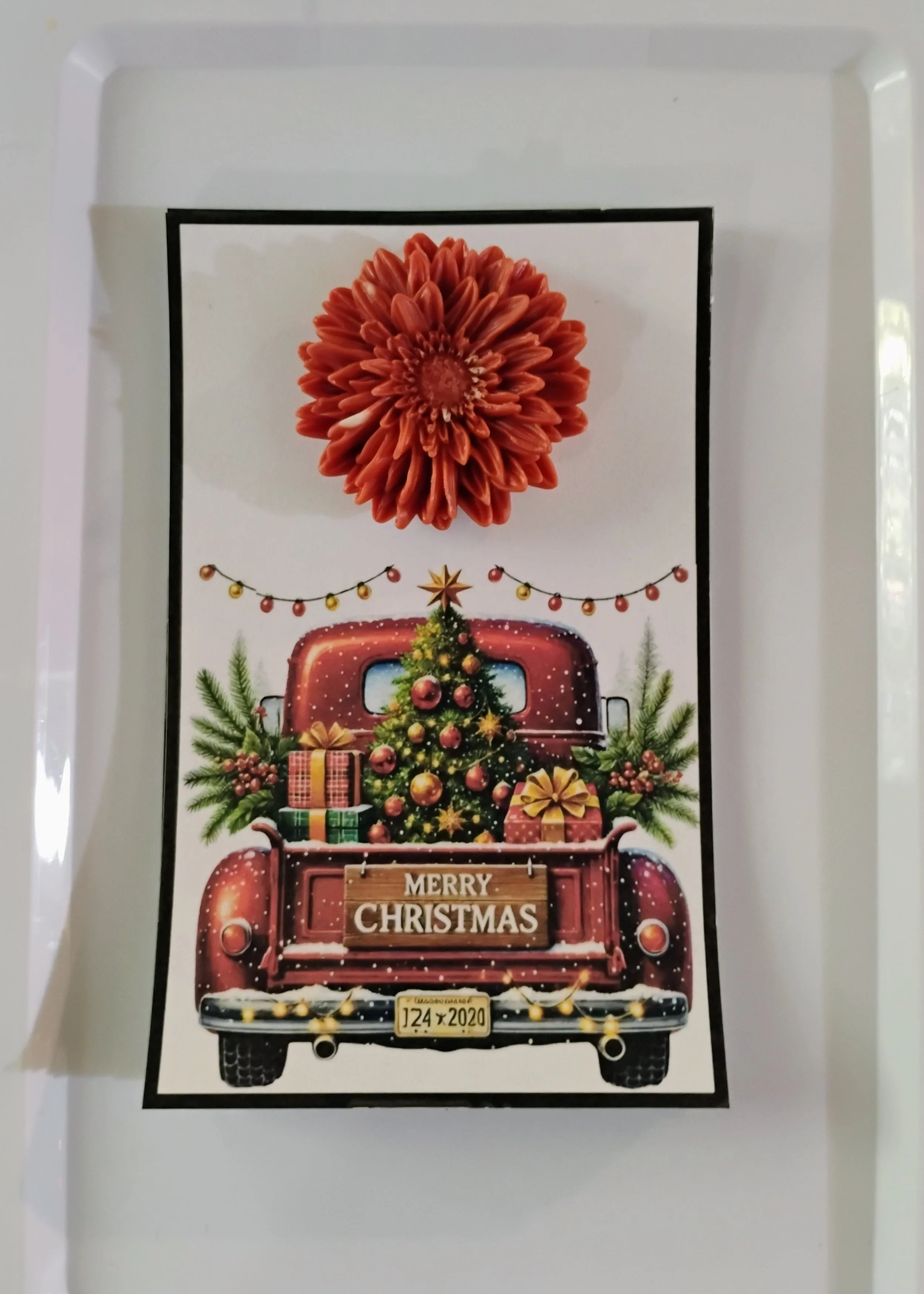 Red Truck Christmas Tree Burning Flower Card. Candle or Wax Melt