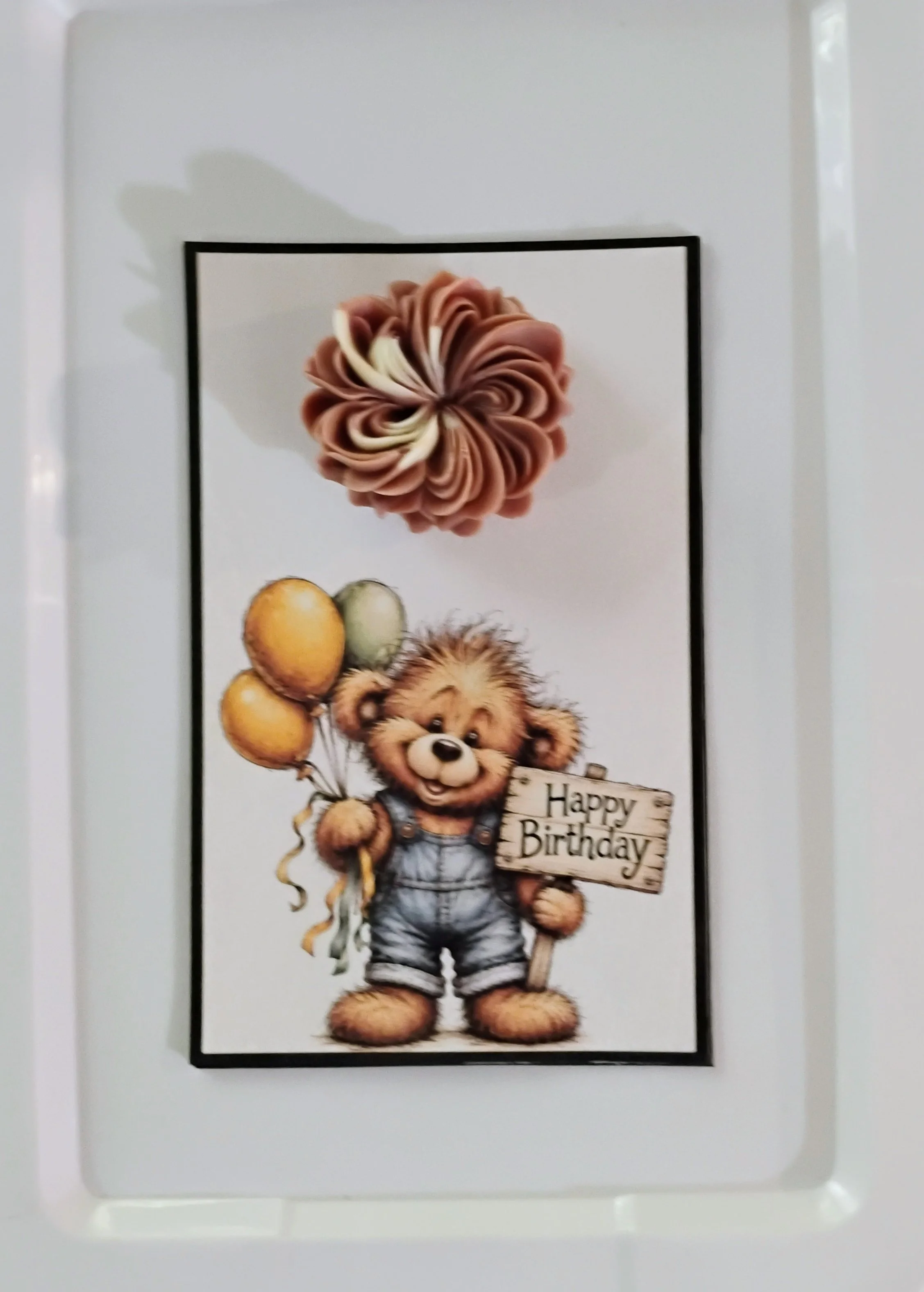 Beary B-day Gold Balloons Burning Flower Card. Candle or Wax Melt