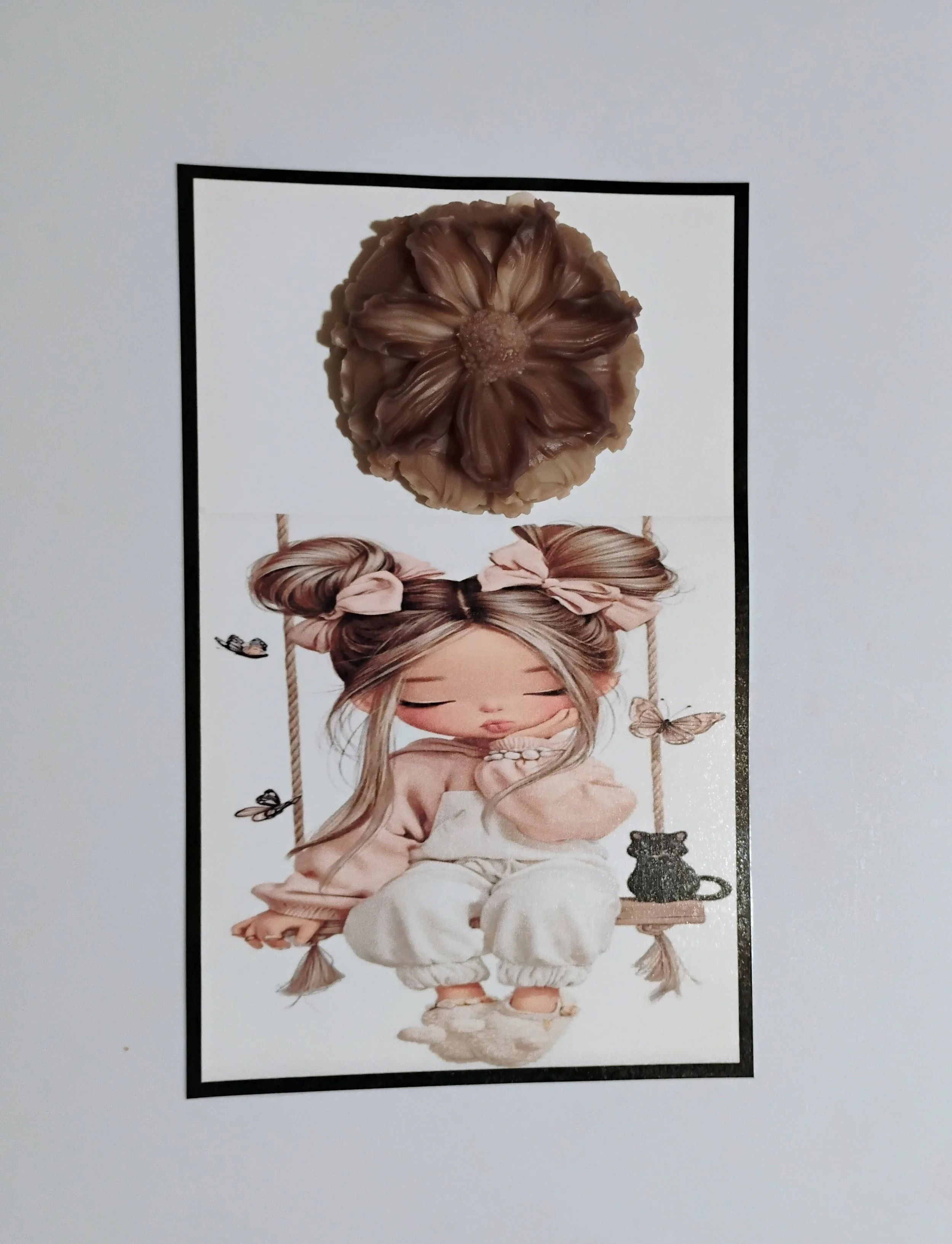 Girly Swing Kitten Burning Flower Card. Candle or Wax Melt