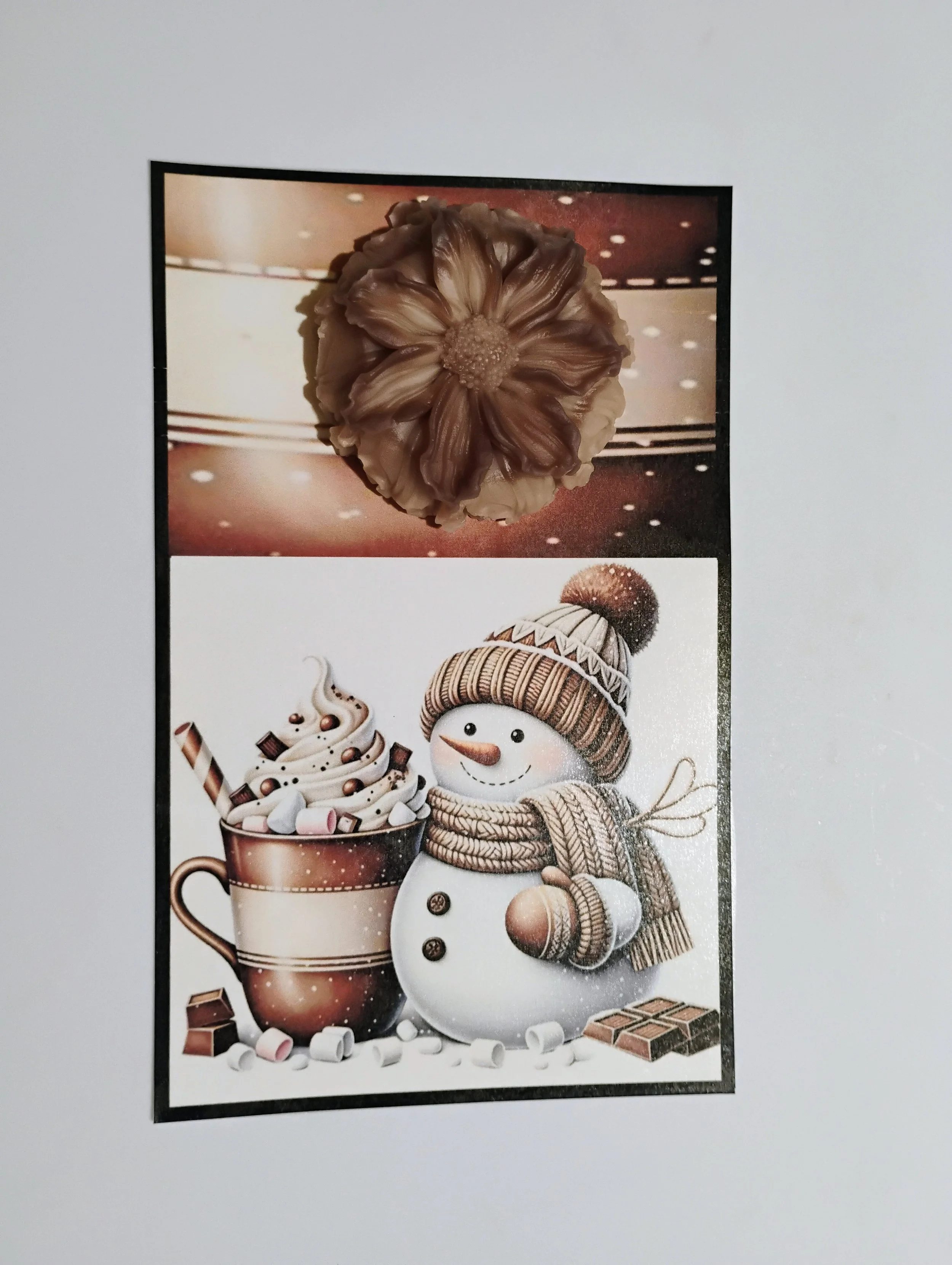 Cocoa Snowman Brown Burning Flower Card. Candle or Wax Melt