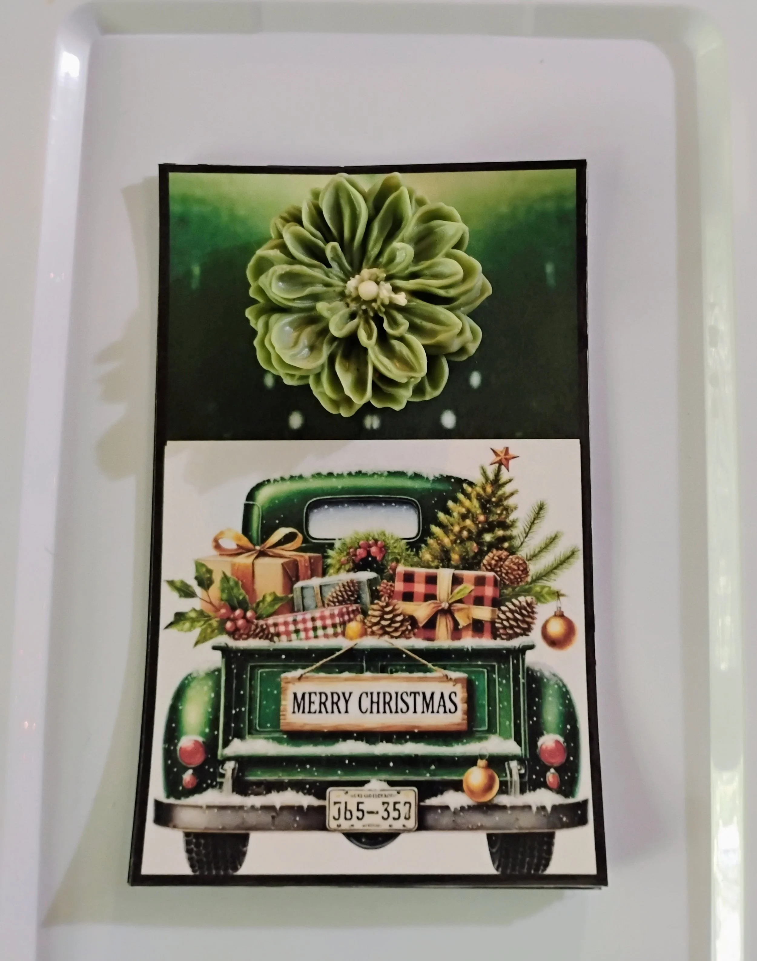 Green Christmas Truck Burning Flower Card. Candle or Wax Melt