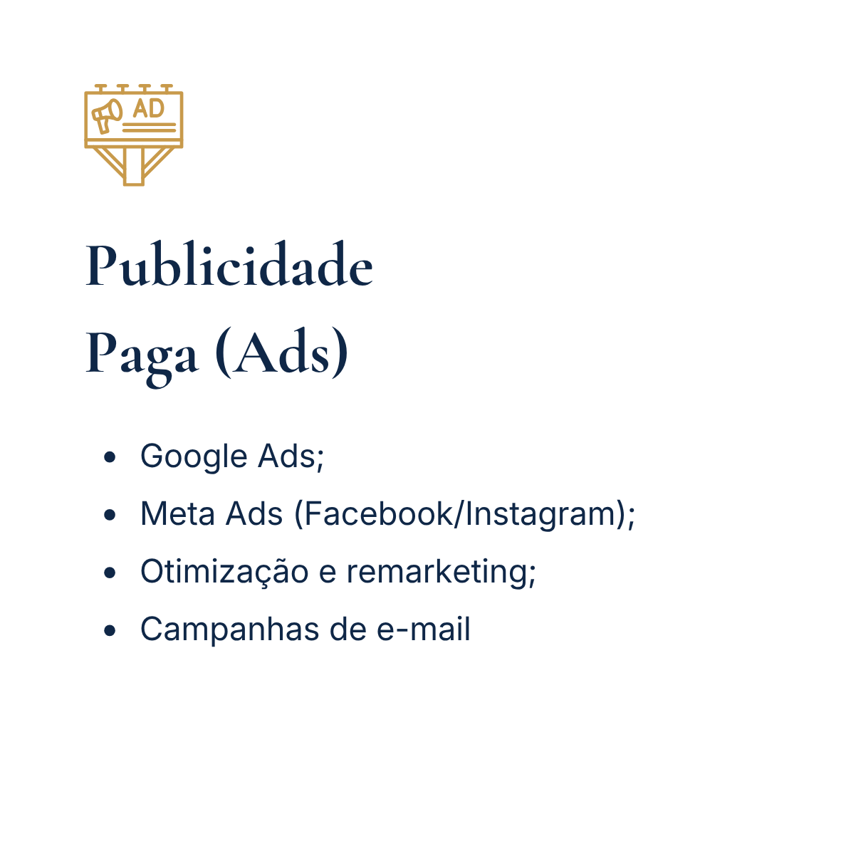Slide com título escolar e ícone de outdoor, explicando como pagar por publicidade online, incluindo Google Ads, Meta Ads, otimização, remarketing e campanhas de email.