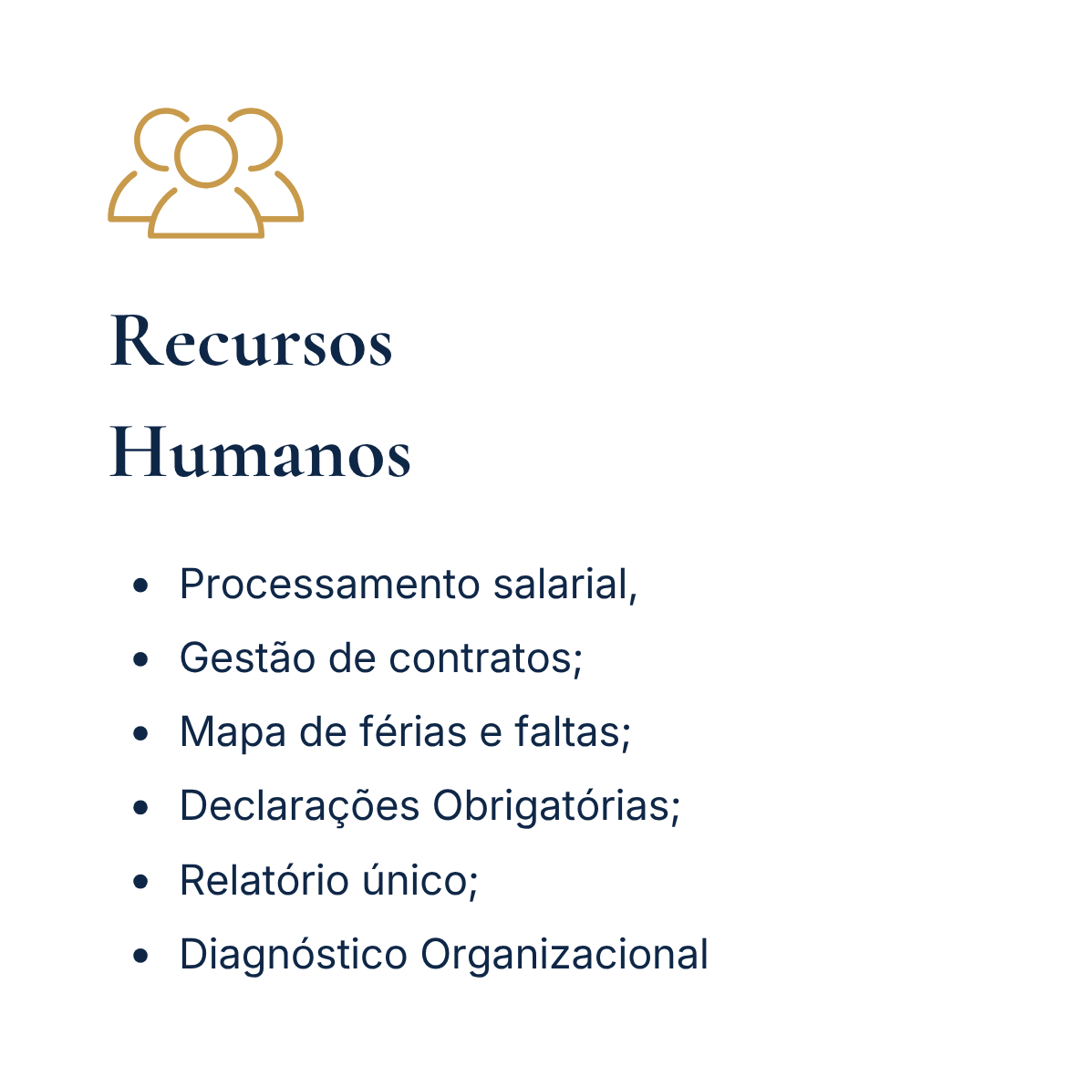 Infográfico sobre recursos humanos com ícone de três pessoas e tópicos listados: Processamento salarial, Gestão de contratos, Mapa de férias e faltas, Declarações Obrigatórias, Relatório único, Diagnóstico Organizacional.