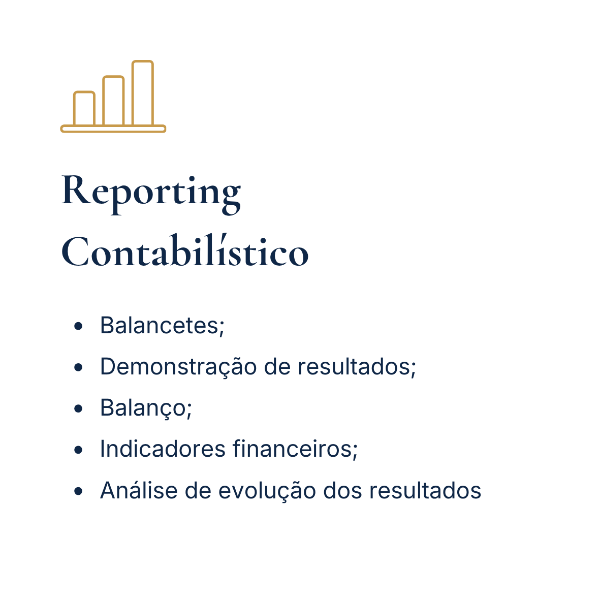 Página de apresentação de relatório contábil com ícone de barras de crescimento no canto superior esquerdo e texto em português com tópicos sobre relatório de contabilidade, incluindo balancetes, demonstração de resultados, balanço, indicadores financeiros e análise de evolução dos resultados.
