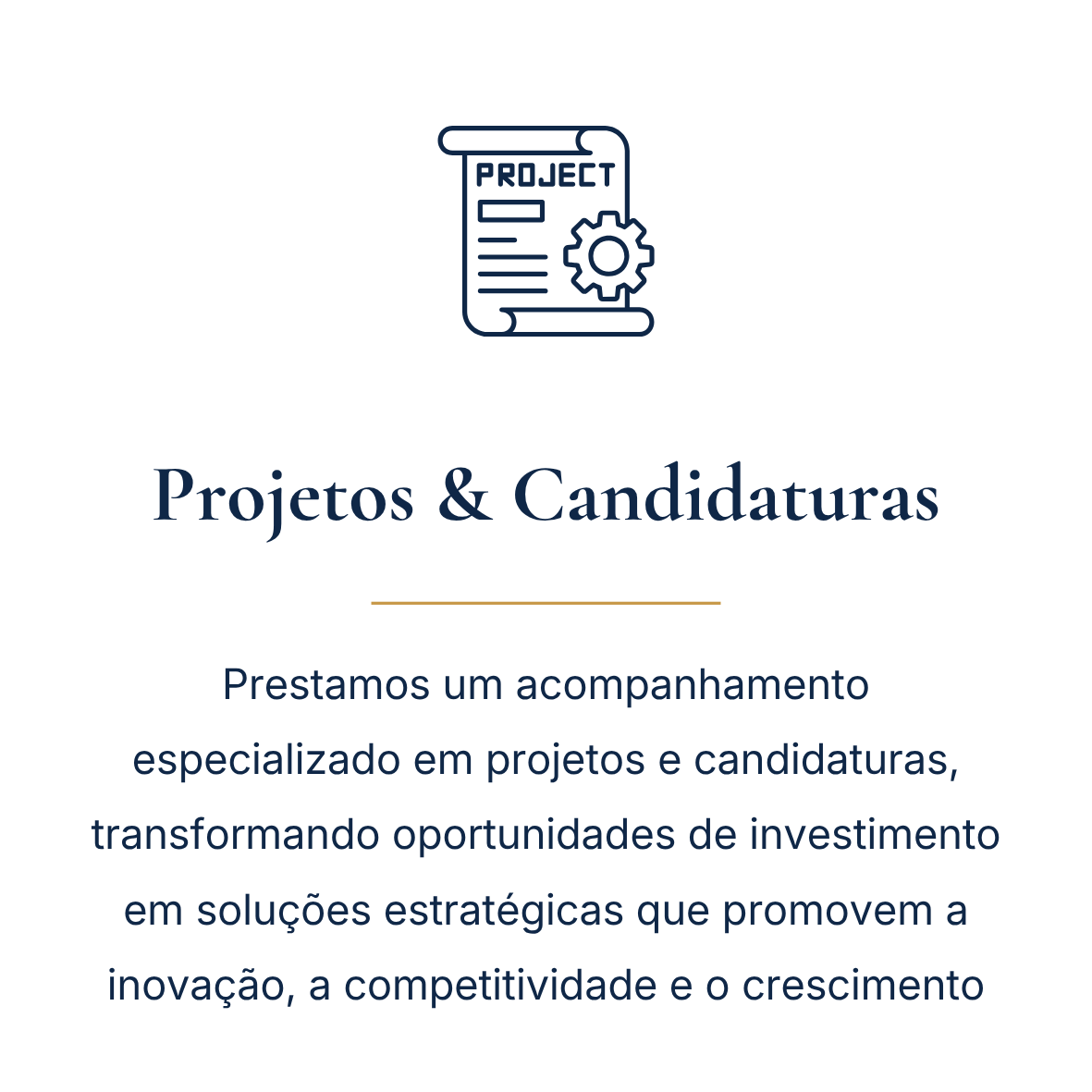 Texto em destaque "Projetos & Candidaturas" e descrição de serviço de acompanhamento especializado para transformar oportunidades de investimento em soluções estratégicas para inovação, competitividade e crescimento.