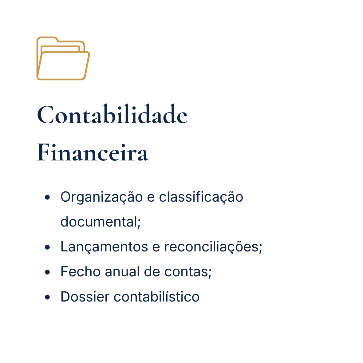 Imagem com ícone de pasta, título 'Contabilidade Financeira' e lista de tópicos incluindo organização e classificação documental, lançamentos e reconciliações, fechamento anual de contas, e dossiê contábil