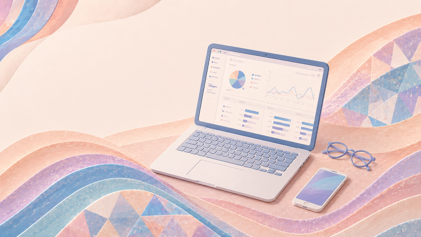 Laptop, óculos, e celular em uma superfície decorada com ondas coloridas em tons de rosa, azul, roxo e bege, com gráficos e dados na tela do laptop.