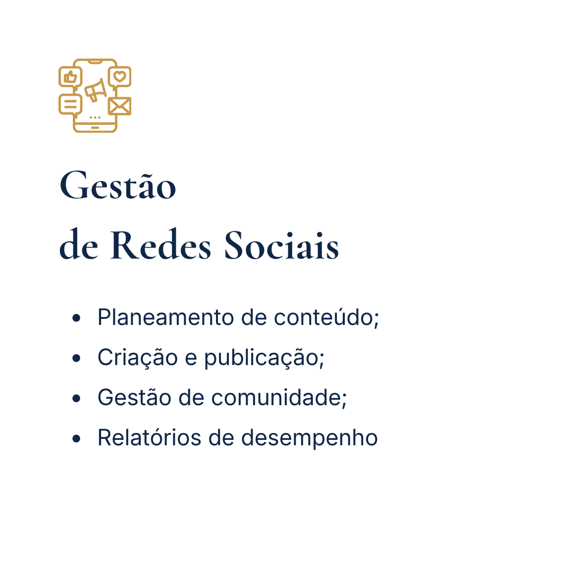 Imagem com ícone de smartphone e redes sociais, título 'Gestão de Redes Sociais' e lista de tópicos: Planejamento de conteúdo, Criação e publicação, Gestão de comunidade, Relatórios de desempenho.