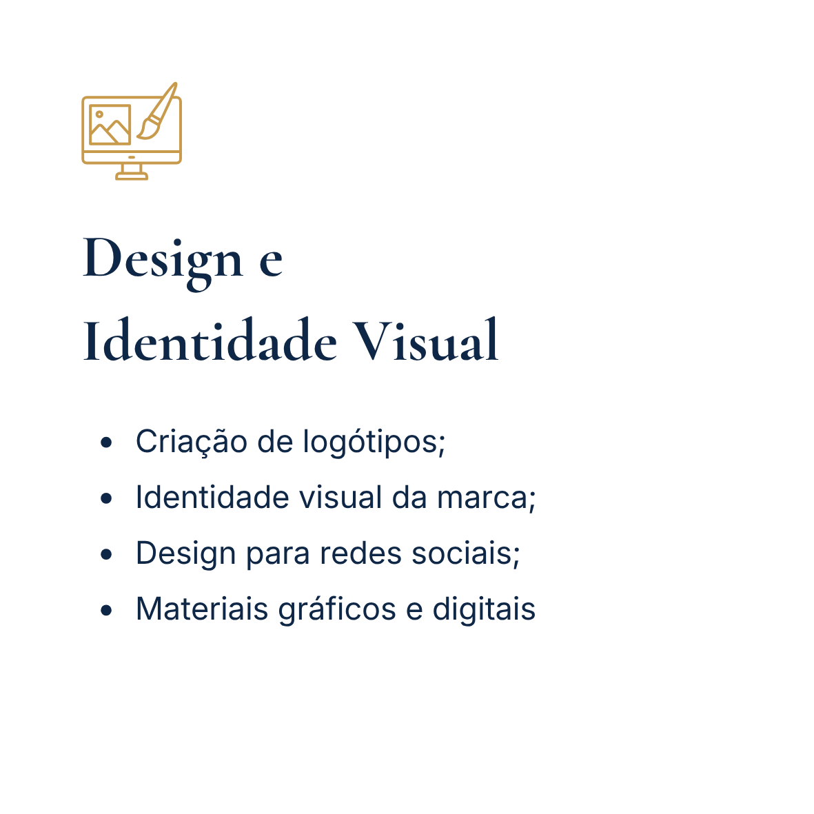 Imagem de uma apresentação de slides sobre design e identidade visual, com tópicos como criação de logotipos, identidade visual da marca, design para redes sociais e materiais gráficos e digitais.