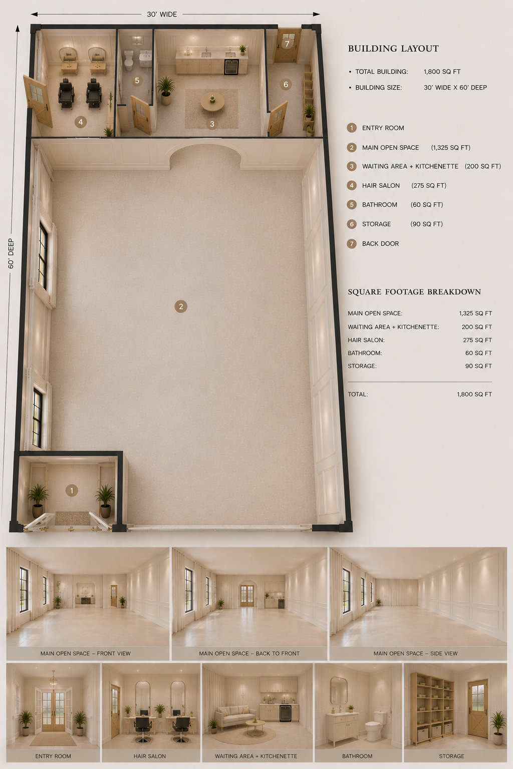 Floor plan of a building with labeled rooms including entry, main open space, waiting area and kitchenette, hair salon, bathroom, storage, and back door; with interior views of the main space, entry, hair salon, kitchenette, bathroom, and storage.