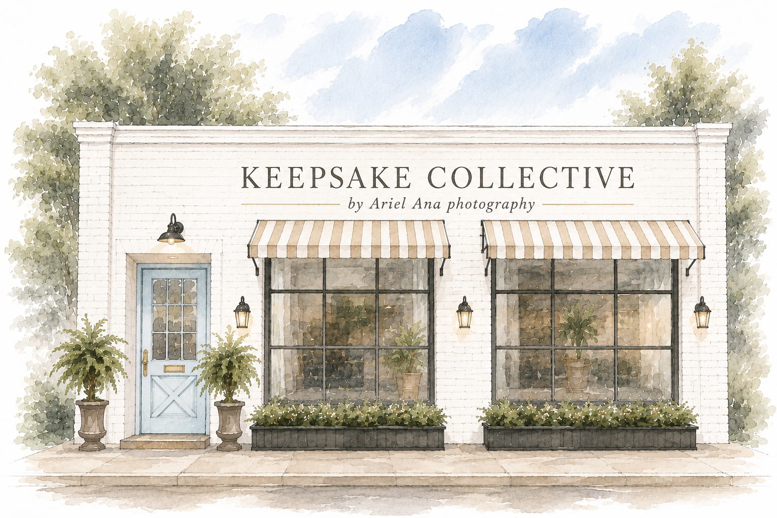 Watercolor illustration of a storefront with the sign 'Keepsake Collective by Ariel Ana Photography,' featuring a white brick facade, large front windows under beige and white striped awnings, a light blue door, potted plants, and outdoor wall lanterns.