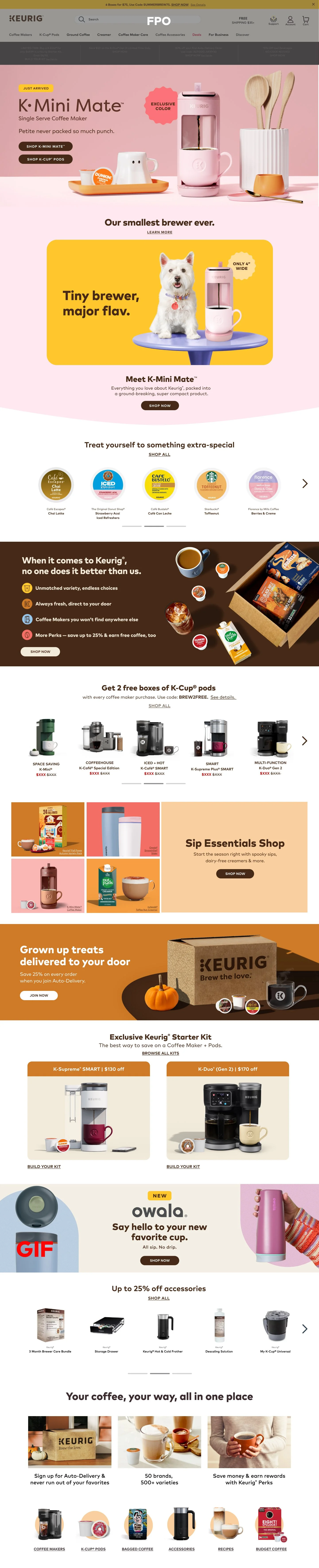 Screenshot of an online store homepage featuring Keurig coffee makers, accessories, and related products with colorful banners and promotional offers.