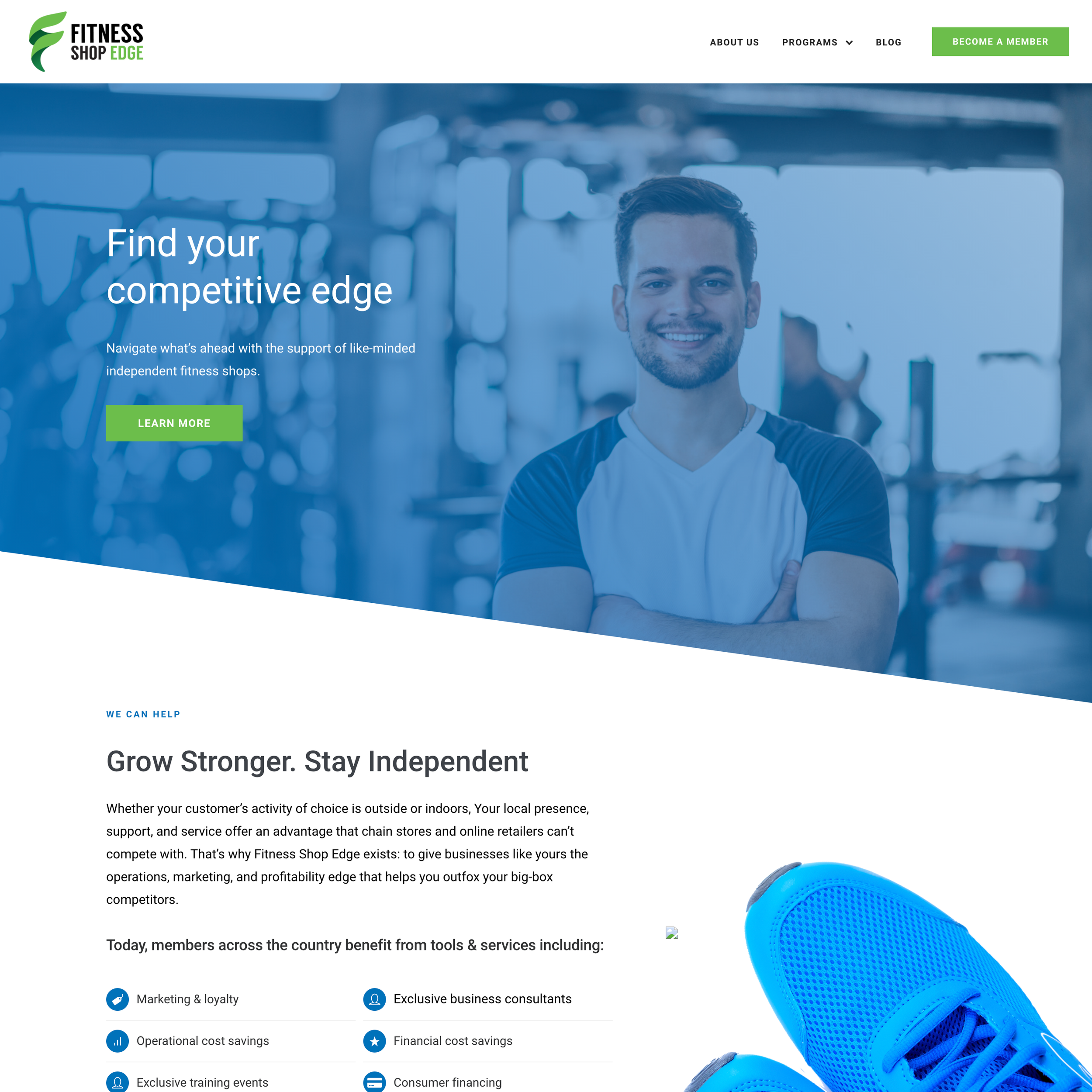 Screenshot of Fitness Shop Edge website showing a smiling man in athletic clothing giving a thumbs-up. The page highlights the phrase 'Find your competitive edge' and a green 'Learn More' button.