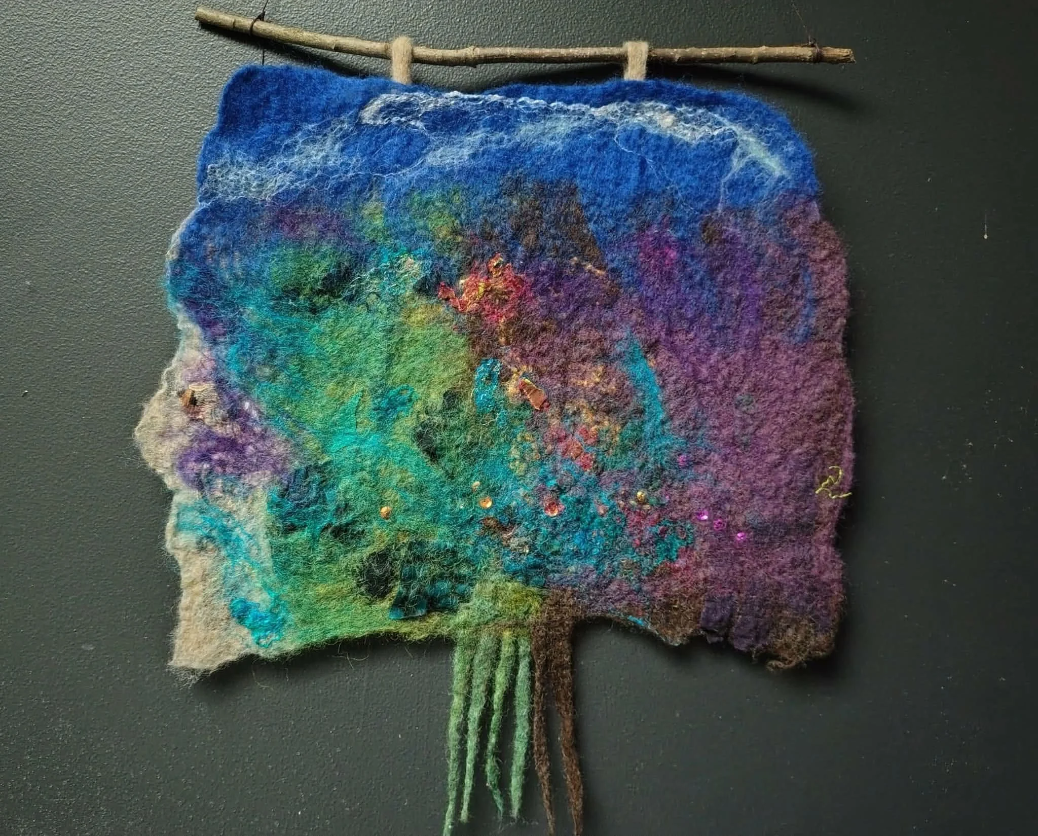 Under the Sea wall hanging, with felted kelp tassels