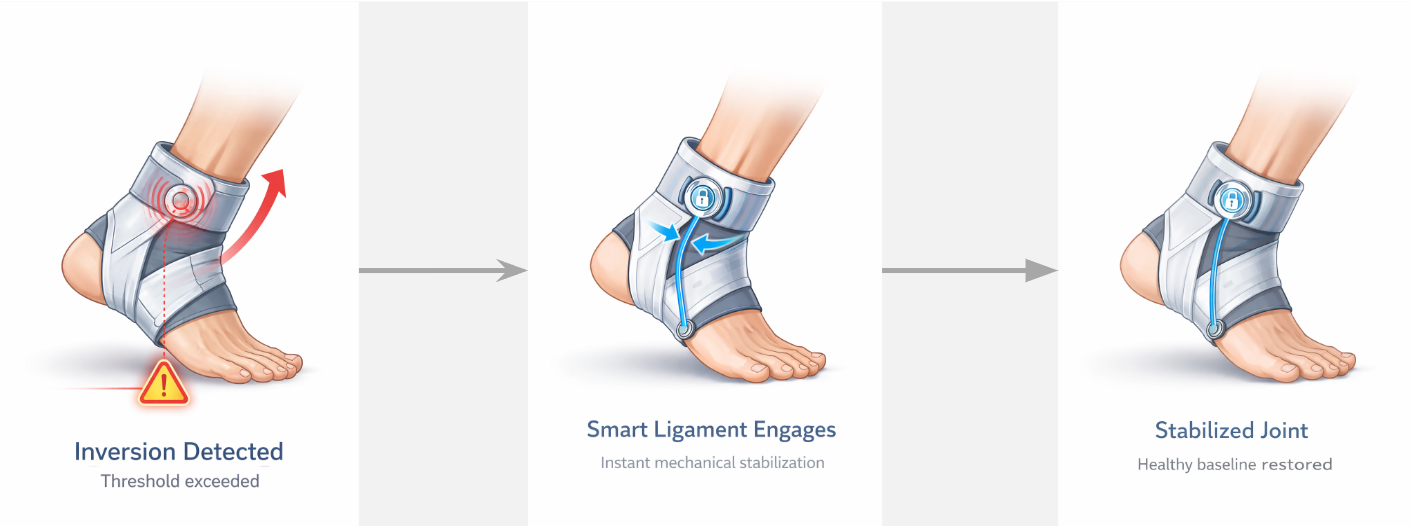 Three-step diagram showing inversion detected, Smart Ligament engaging, and the joint stabilized — illustrating real-time mechanical response to a dangerous ankle motion