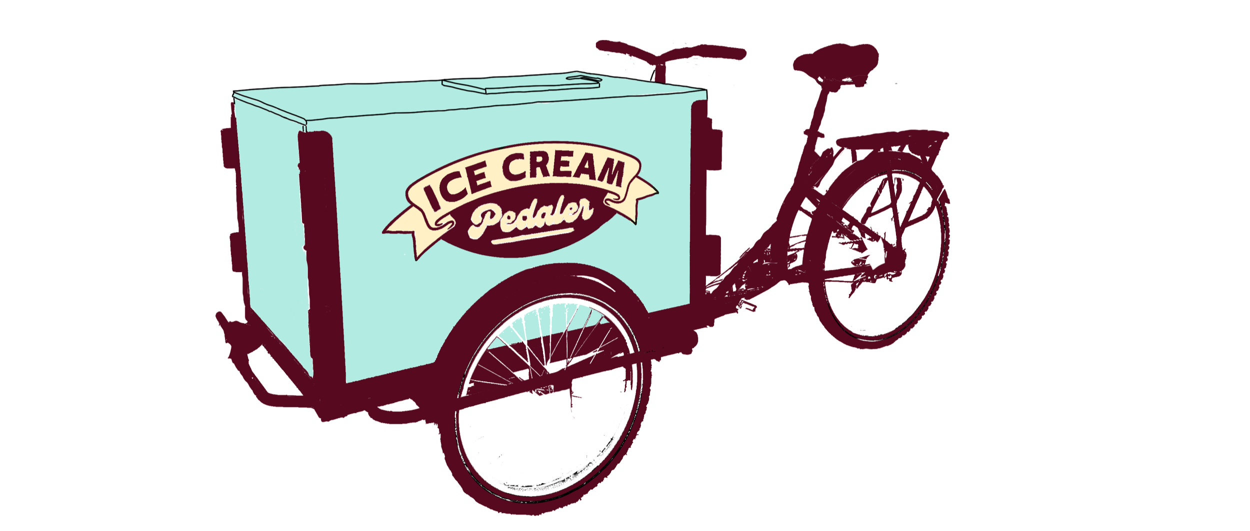 A colorful illustration of a pedaled ice cream cart attached to a bicycle with a large container labeled 'Ice Cream Pedaler' on the side.